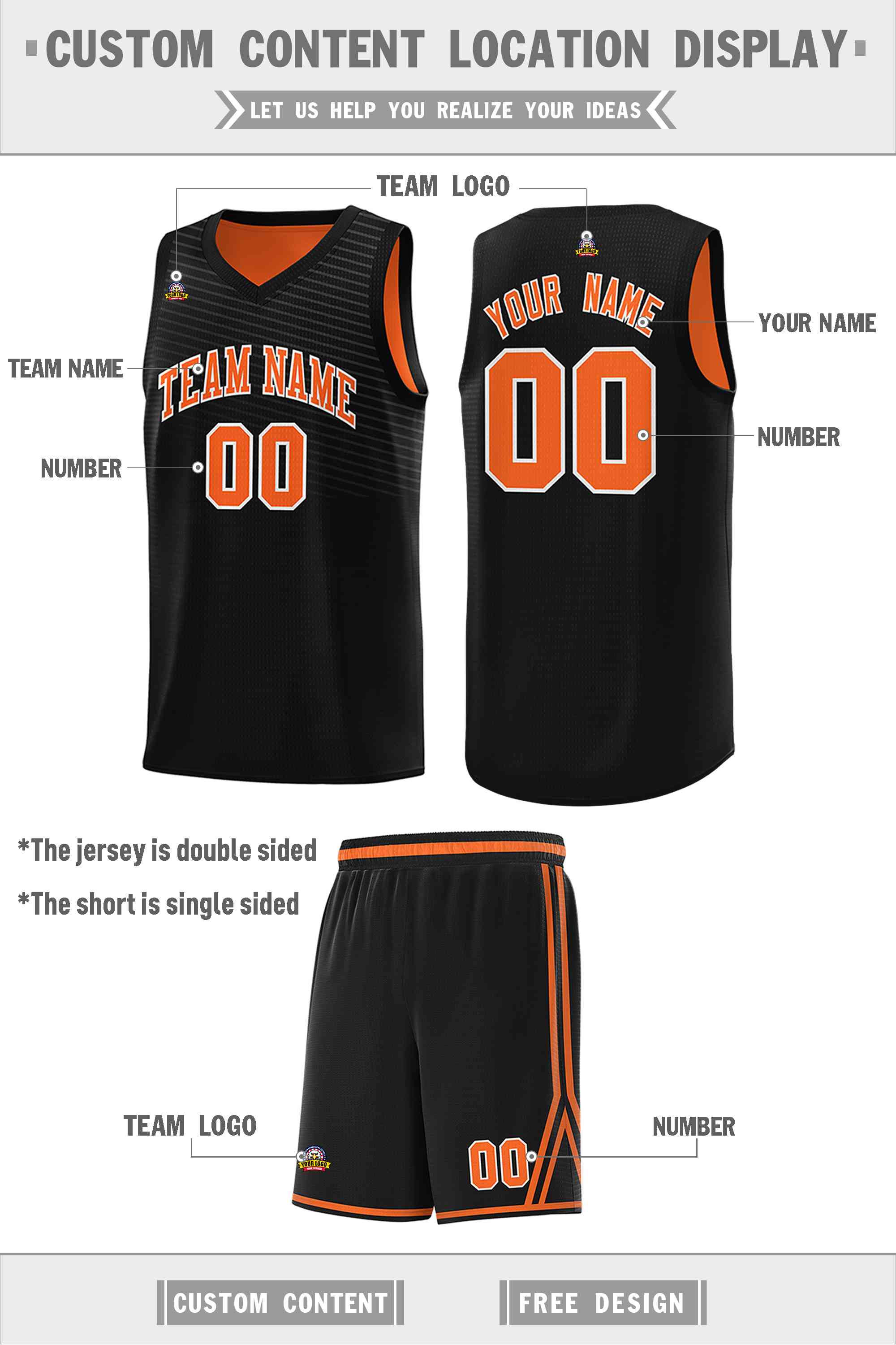 Custom Black Orange Chest Slash Patttern Double Side Sports Uniform Basketball Jersey