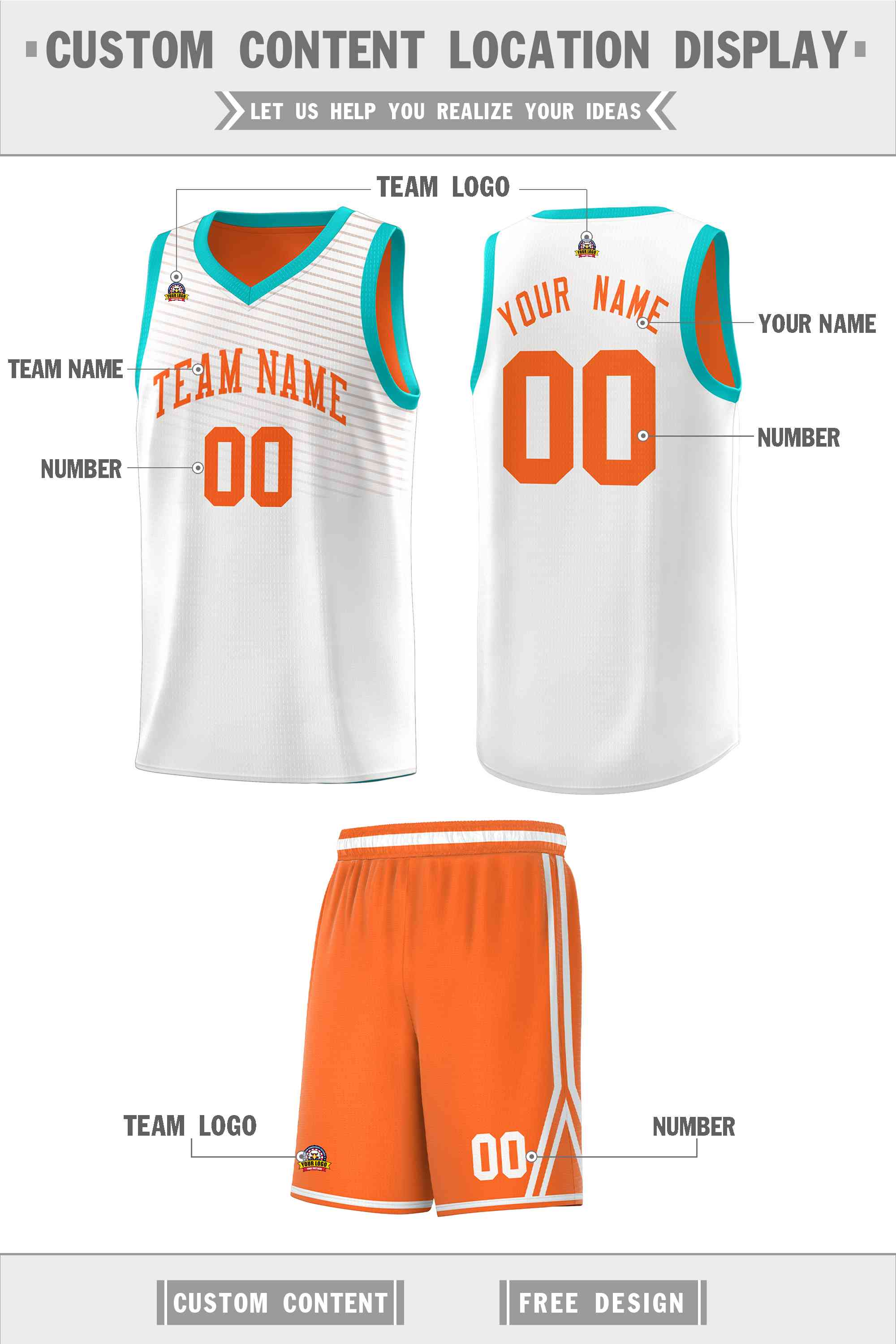 Custom White Orange Chest Slash Patttern Sports Uniform Basketball Jersey