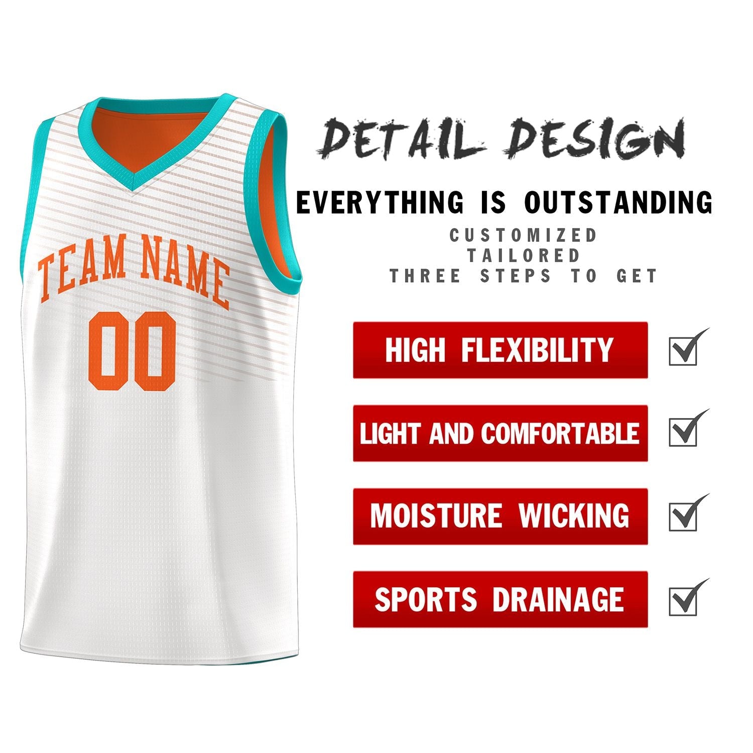 Custom White Orange Chest Slash Patttern Sports Uniform Basketball Jersey