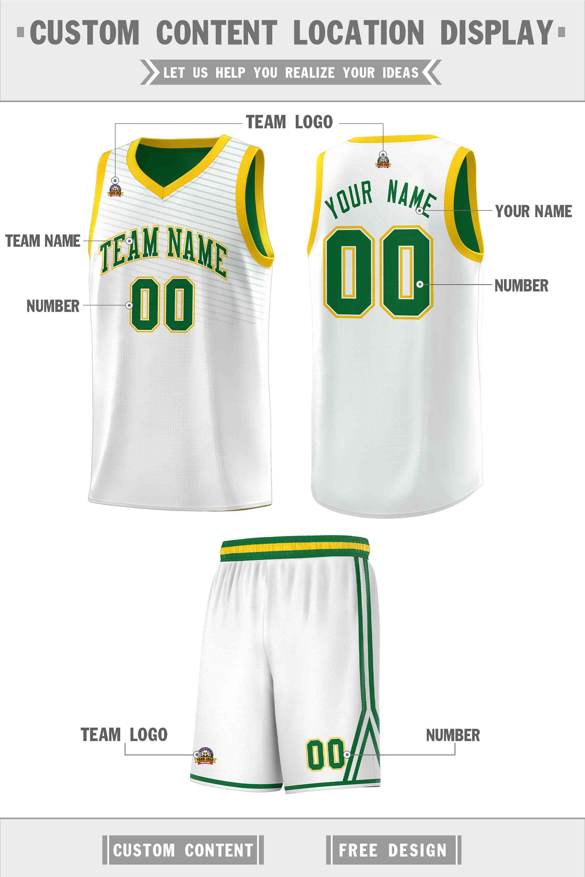 Custom White Kelly Green Chest Slash Patttern Sports Uniform Basketball Jersey