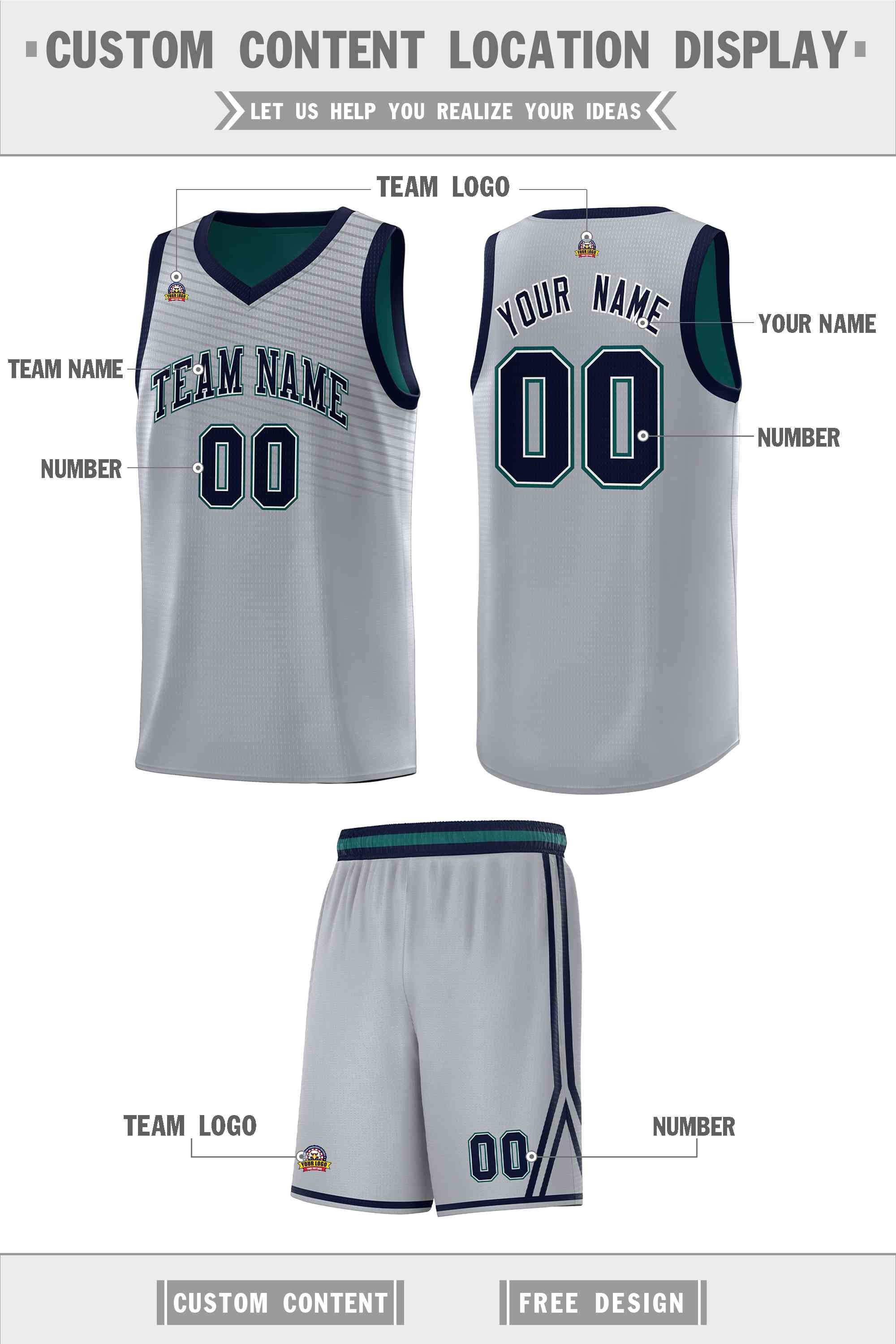 Custom Gray Midnight Green Chest Slash Patttern Sports Uniform Basketball Jersey