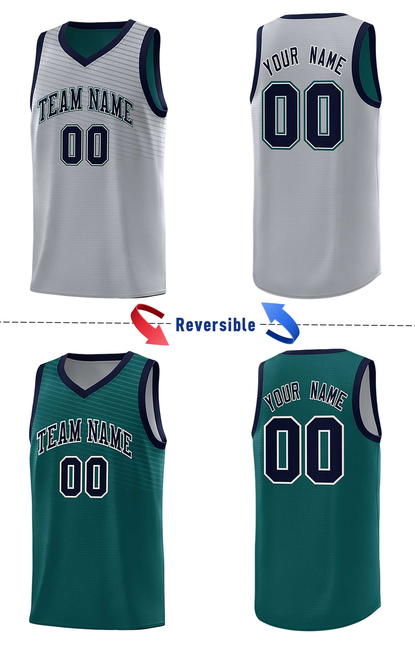 Custom Midnight Green Gray Chest Slash Patttern Double Side Sports Uniform Basketball Jersey