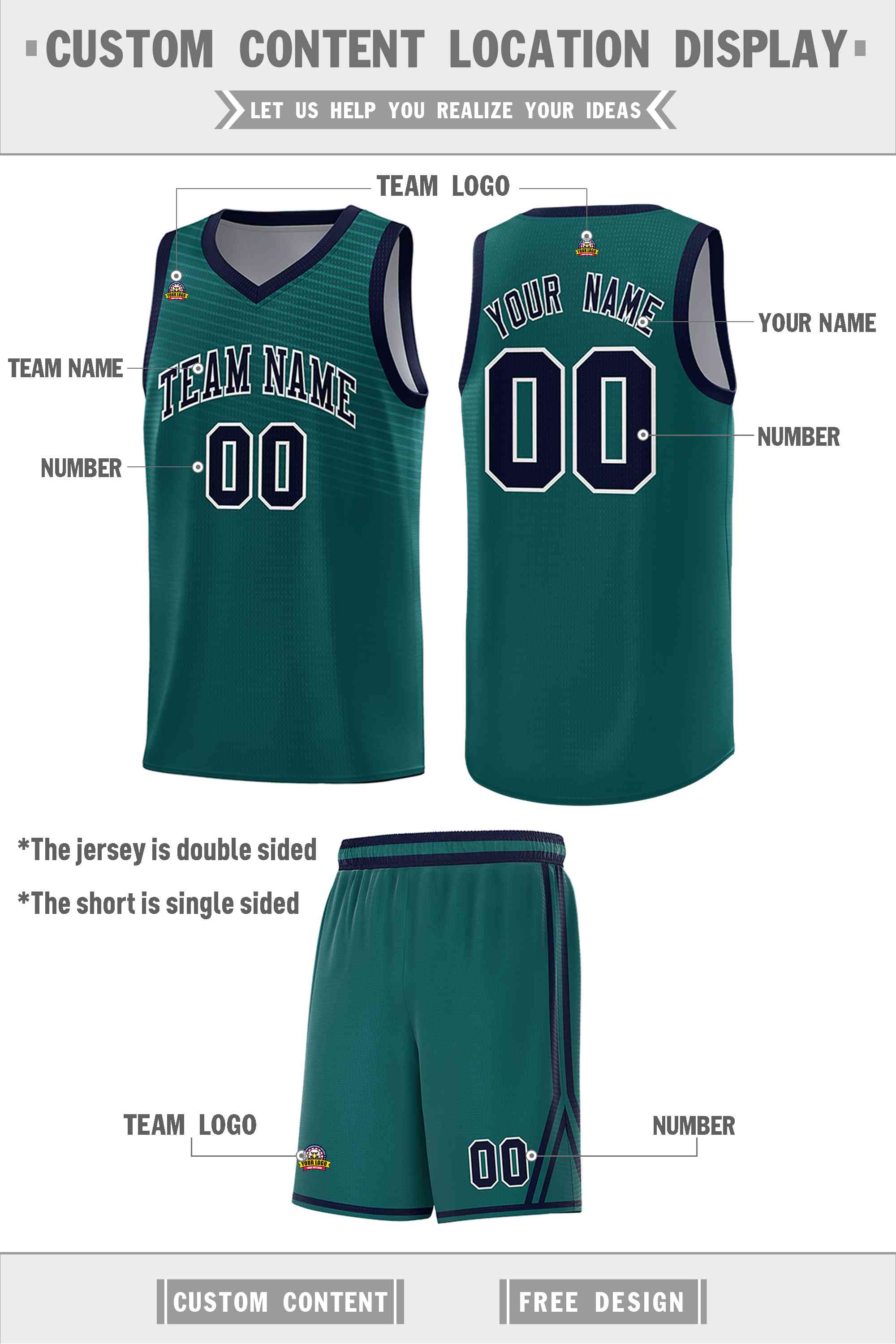 Custom Midnight Green Gray Chest Slash Patttern Double Side Sports Uniform Basketball Jersey