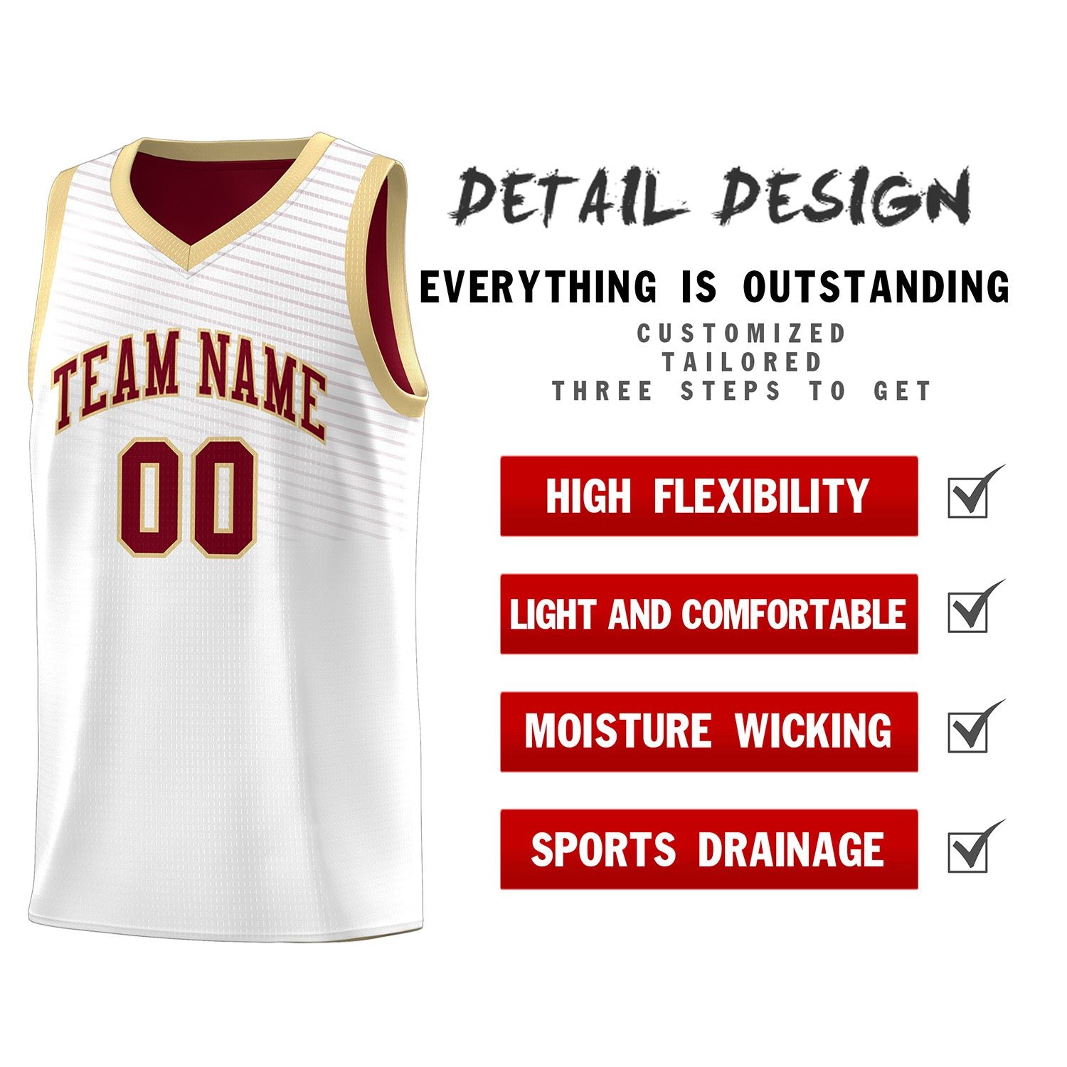 Custom White Crimson Chest Slash Patttern Sports Uniform Basketball Jersey