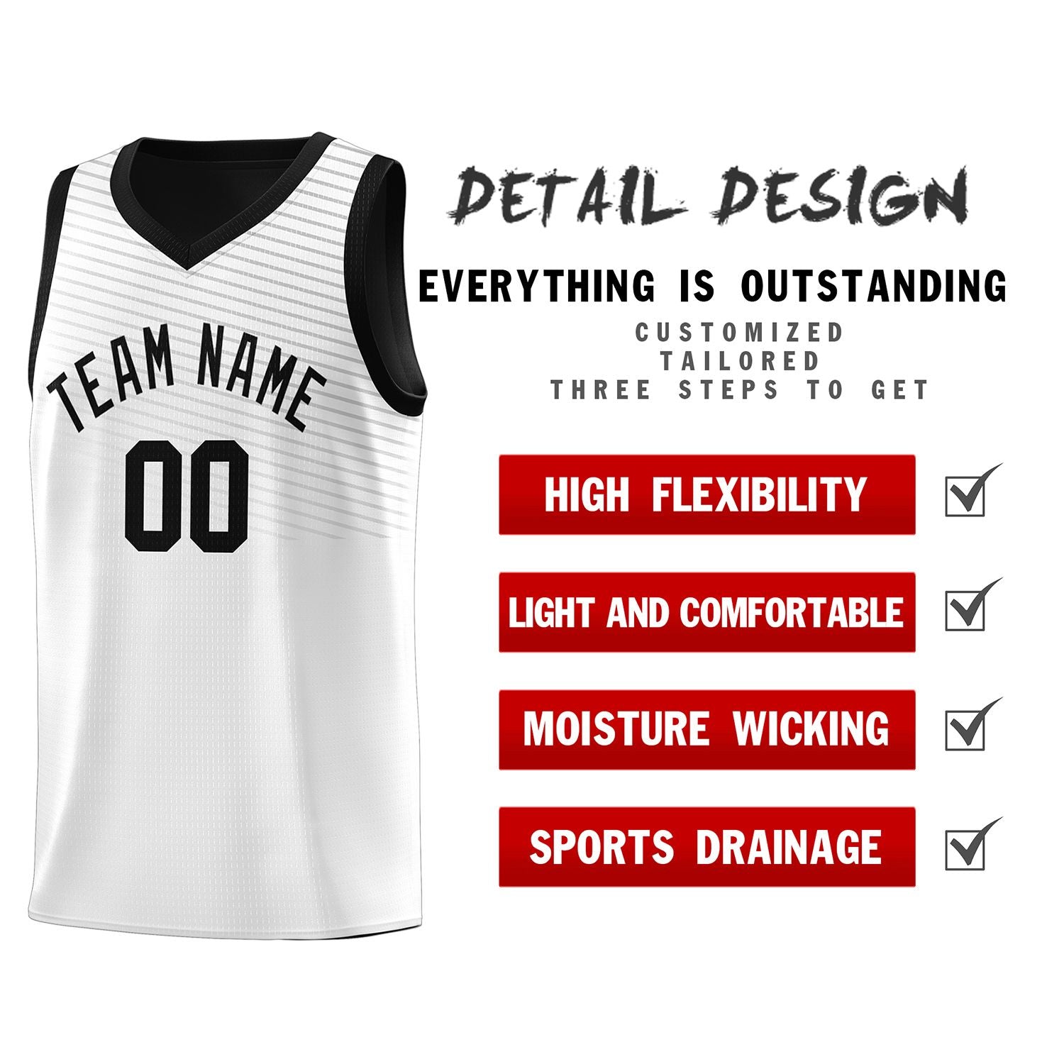 Custom White Black Chest Slash Patttern Sports Uniform Basketball Jersey