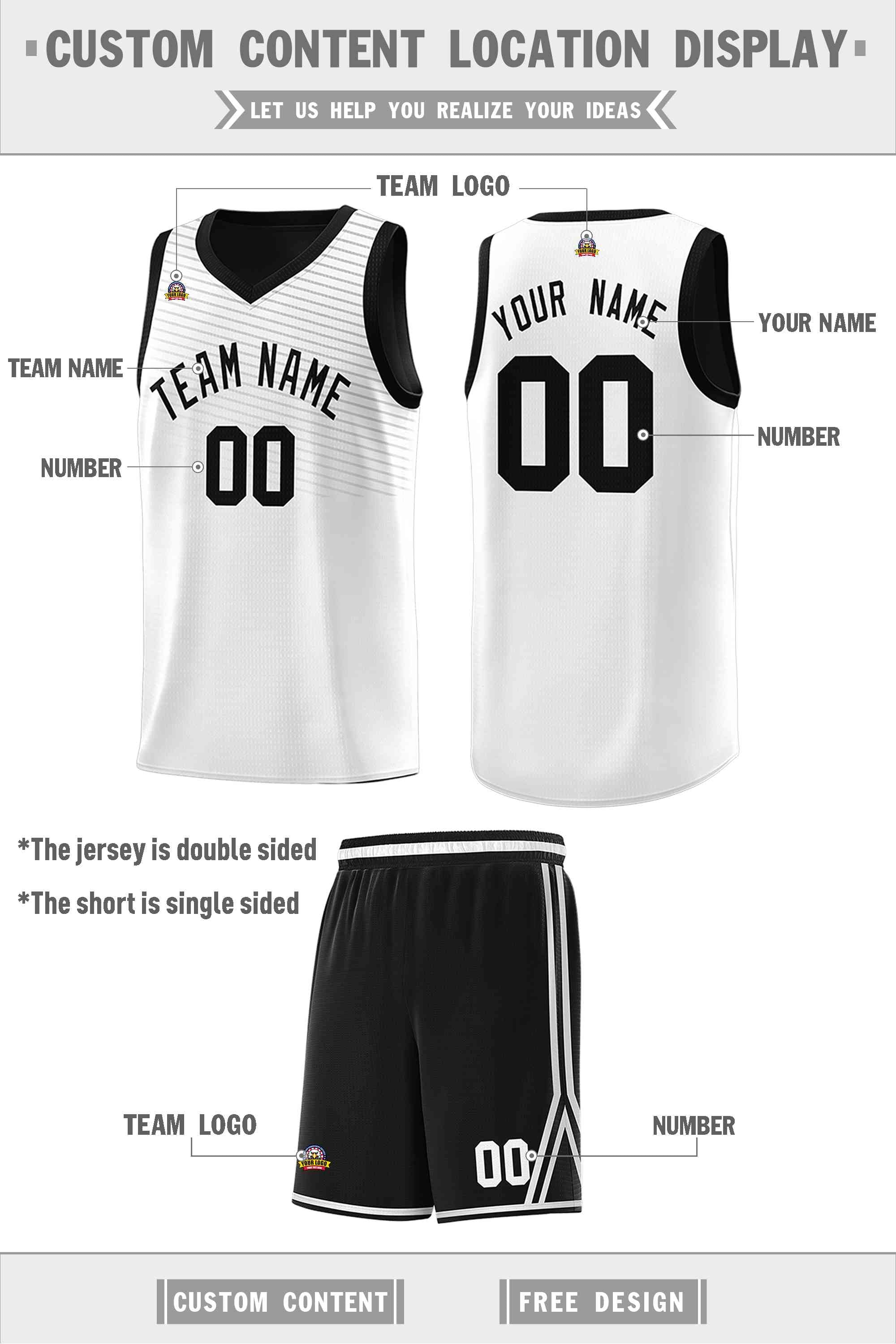 Custom Black White Chest Slash Patttern Double Side Sports Uniform Basketball Jersey