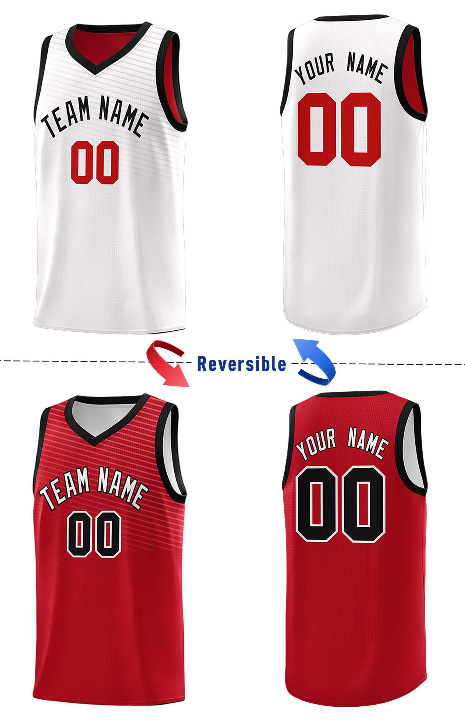 Custom Red White Chest Slash Patttern Double Side Sports Uniform Basketball Jersey