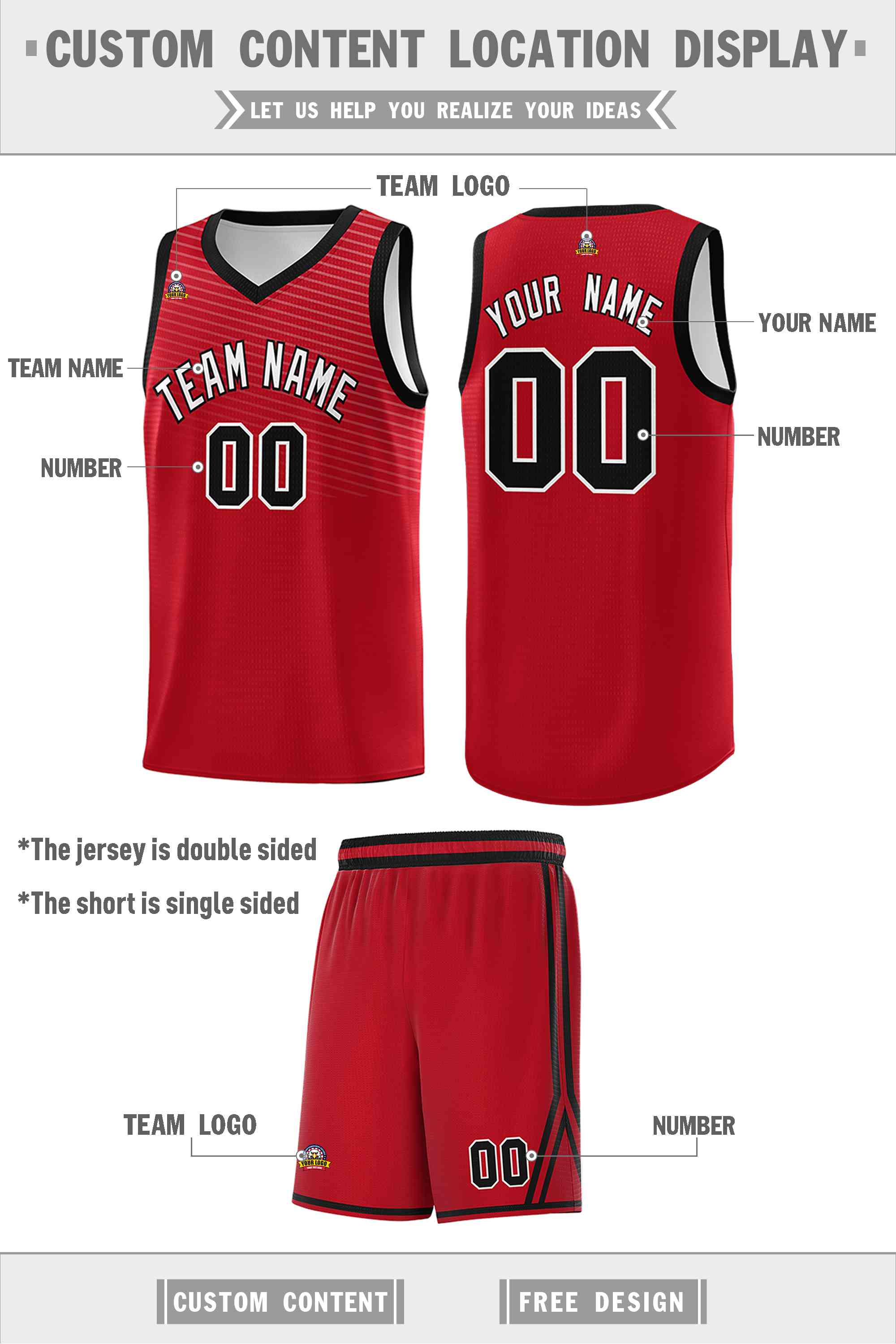 Custom Red White Chest Slash Patttern Double Side Sports Uniform Basketball Jersey