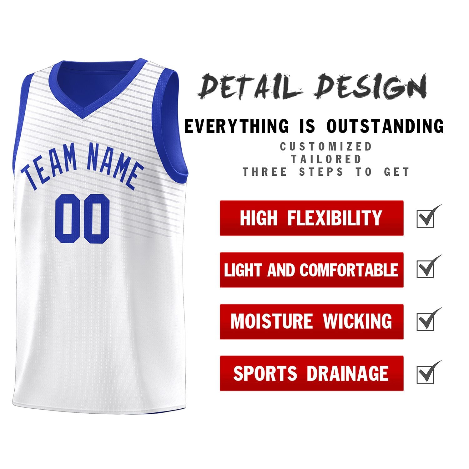 Custom White Royal Chest Slash Patttern Sports Uniform Basketball Jersey