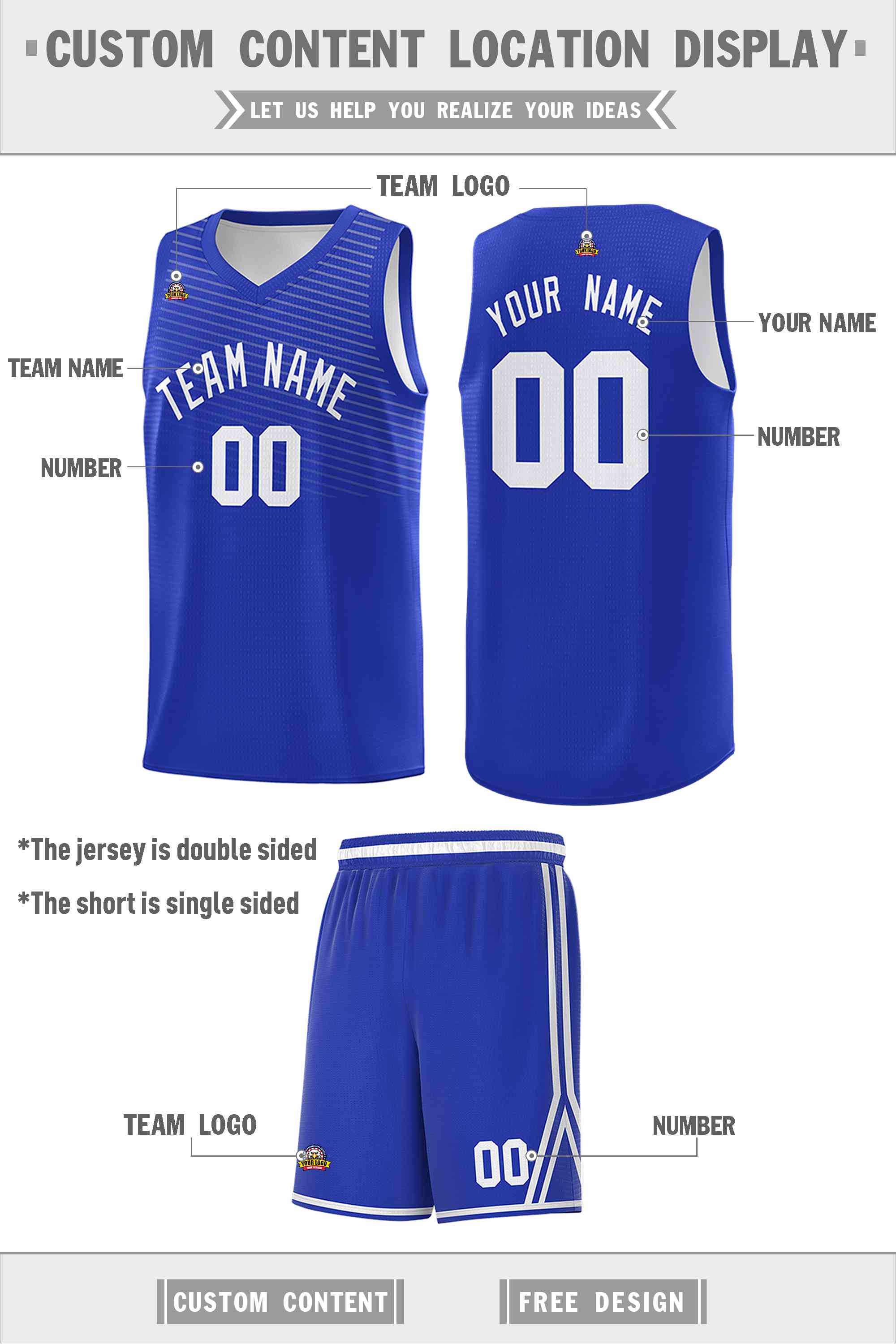 Custom Royal White Chest Slash Patttern Double Side Sports Uniform Basketball Jersey