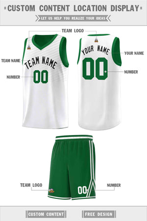 Custom White Green Chest Slash Patttern Sports Uniform Basketball Jersey