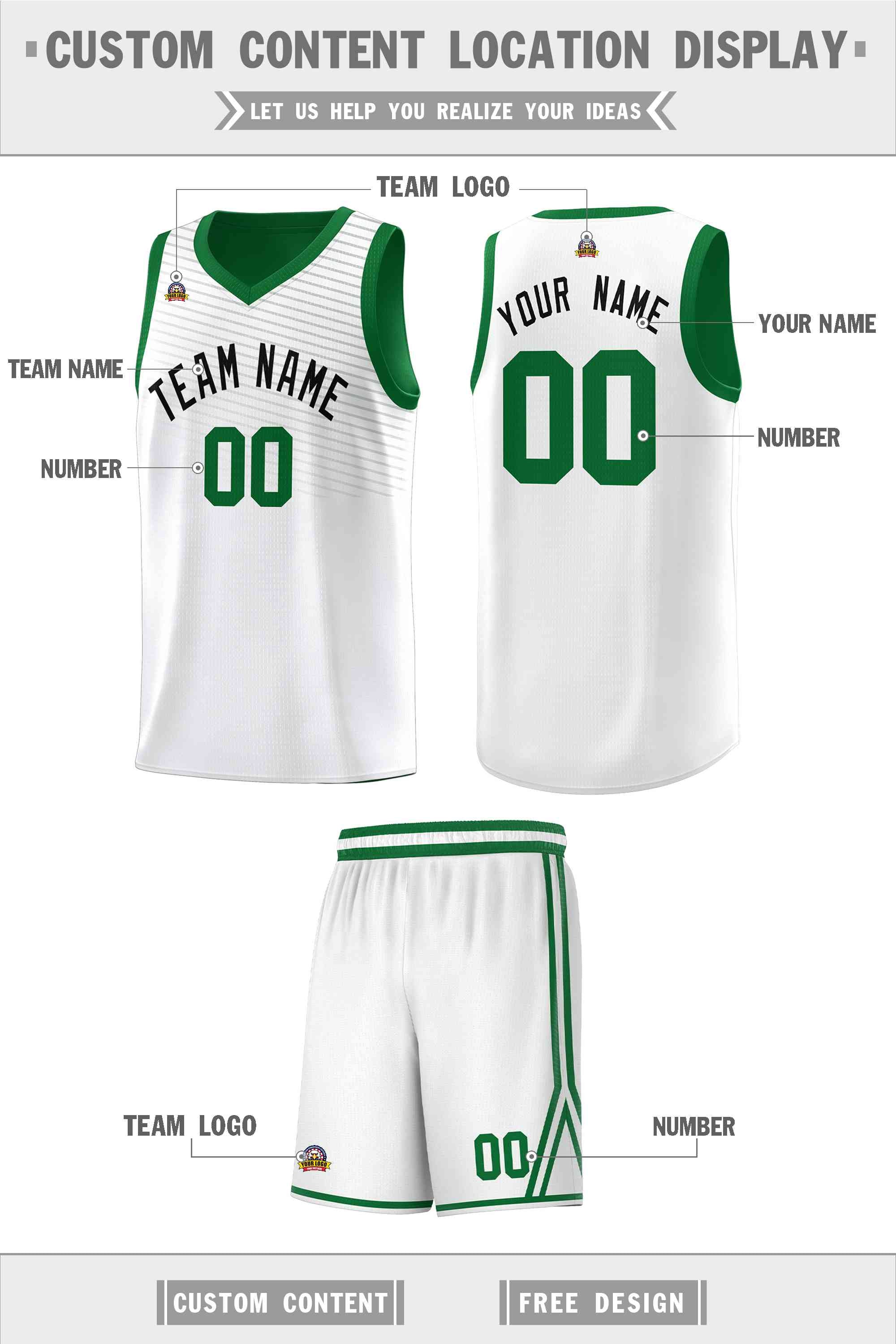 Custom White Green Chest Slash Patttern Sports Uniform Basketball Jersey