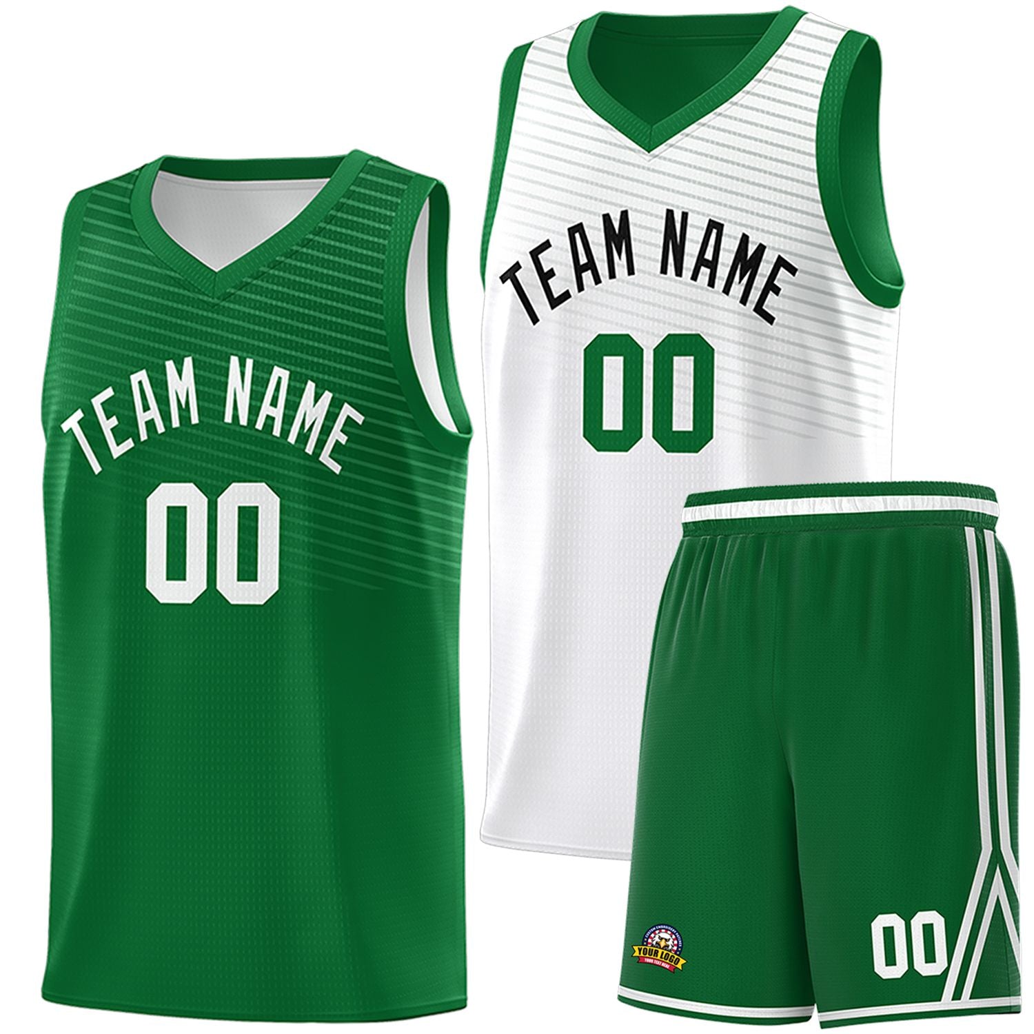 Custom Green White Chest Slash Patttern Double Side Sports Uniform Basketball Jersey