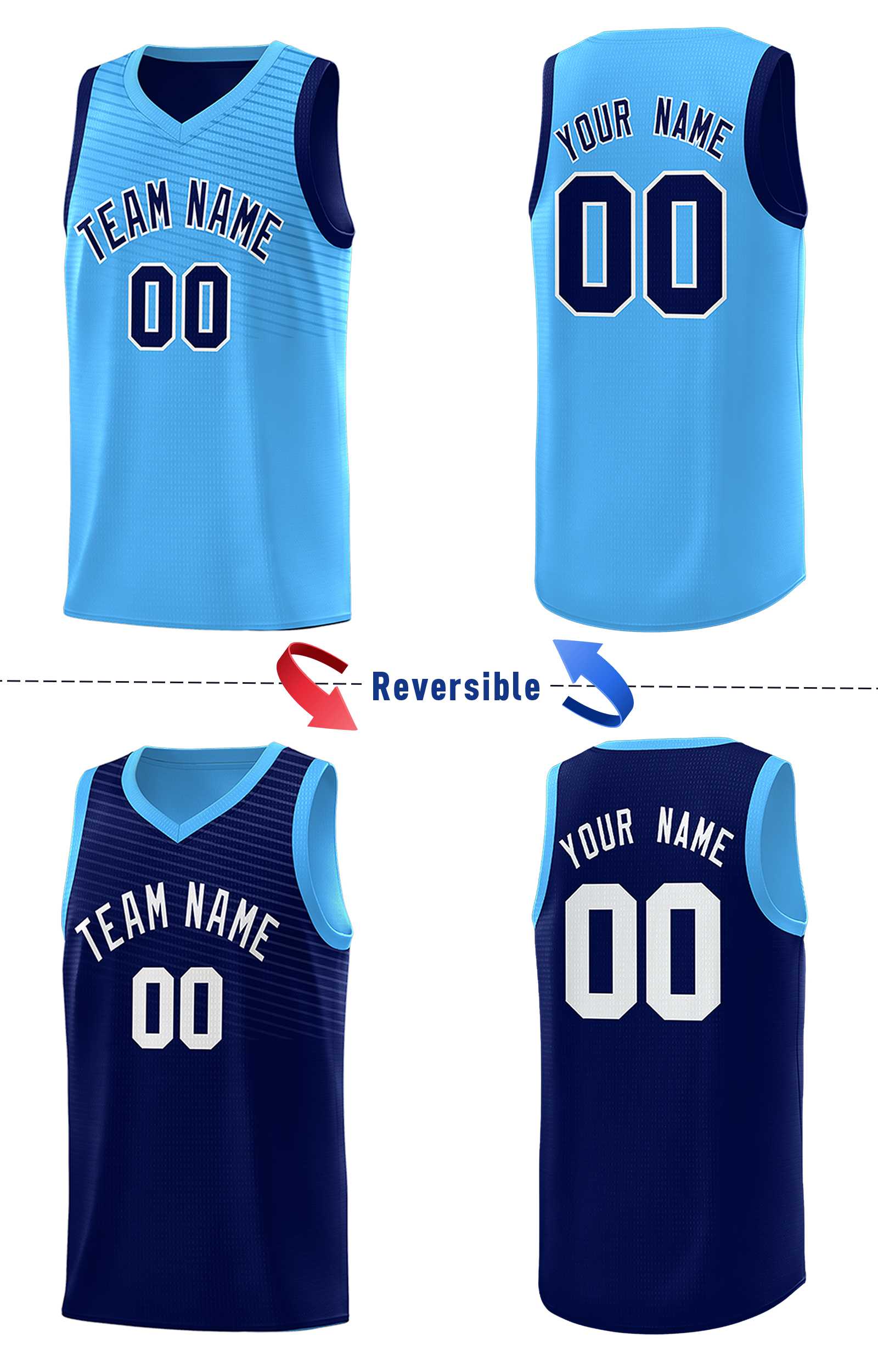 Custom Blue Light Blue Chest Slash Patttern Double Side Sports Uniform Basketball Jersey