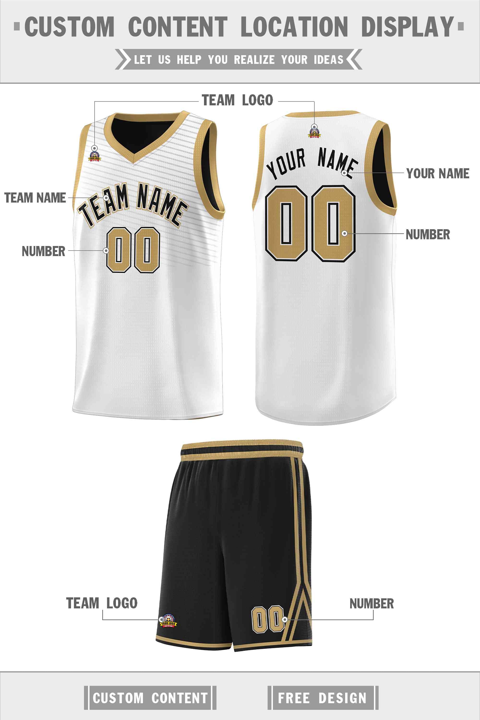 Custom White Old Gold Chest Slash Patttern Sports Uniform Basketball Jersey