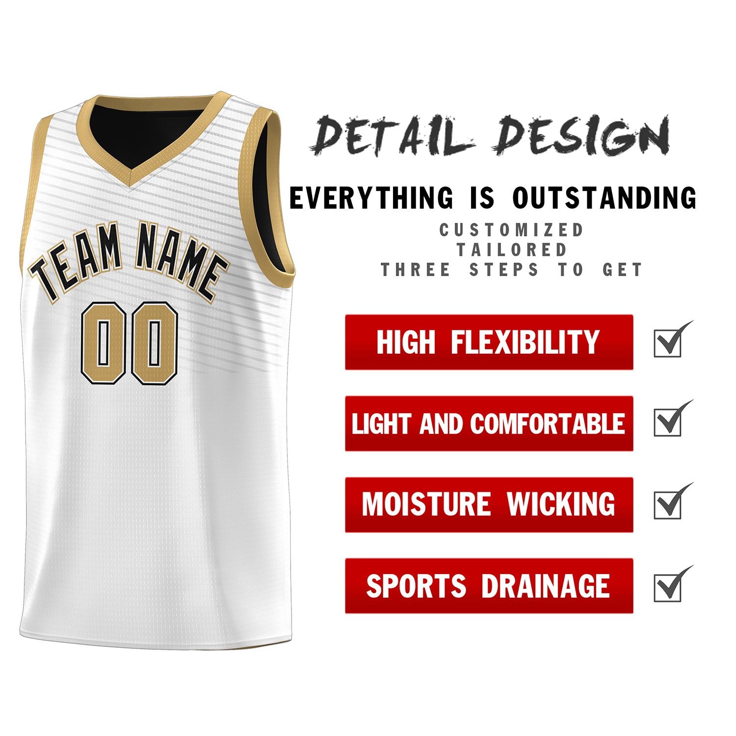 Custom White Old Gold Chest Slash Patttern Sports Uniform Basketball Jersey