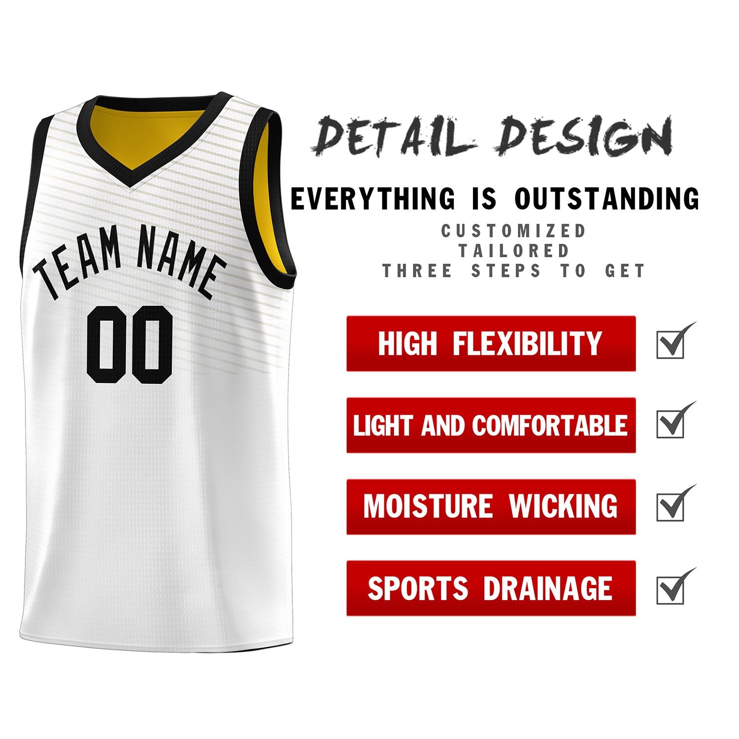 Custom White Gold Chest Slash Patttern Sports Uniform Basketball Jersey