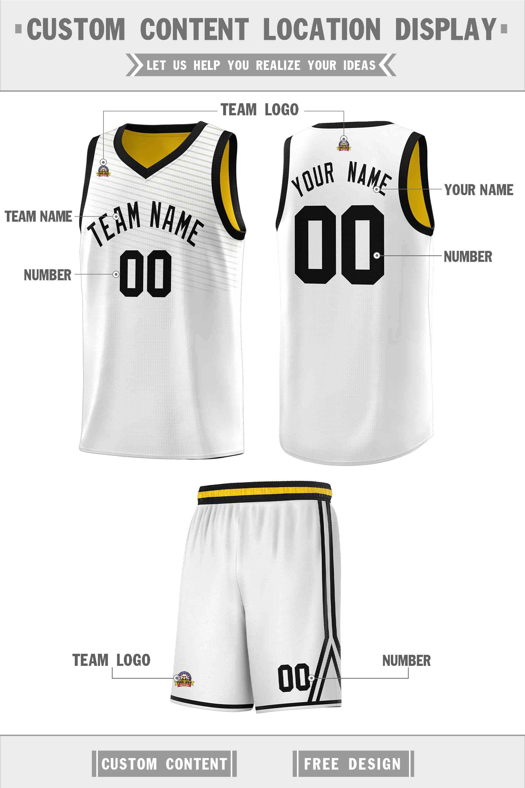 Custom White Black Chest Slash Patttern Sports Uniform Basketball Jersey