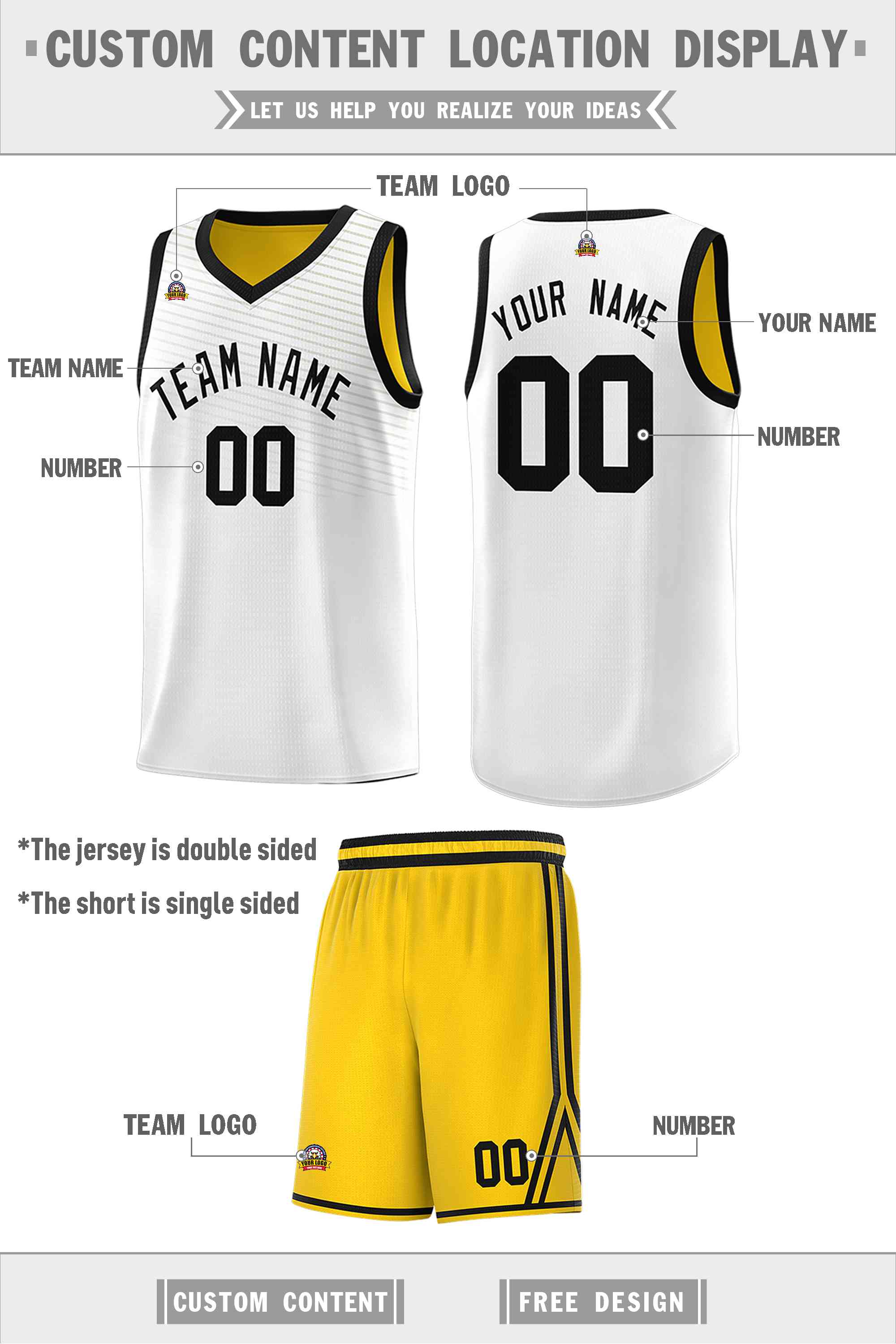 Custom Gold White Chest Slash Patttern Double Side Sports Uniform Basketball Jersey