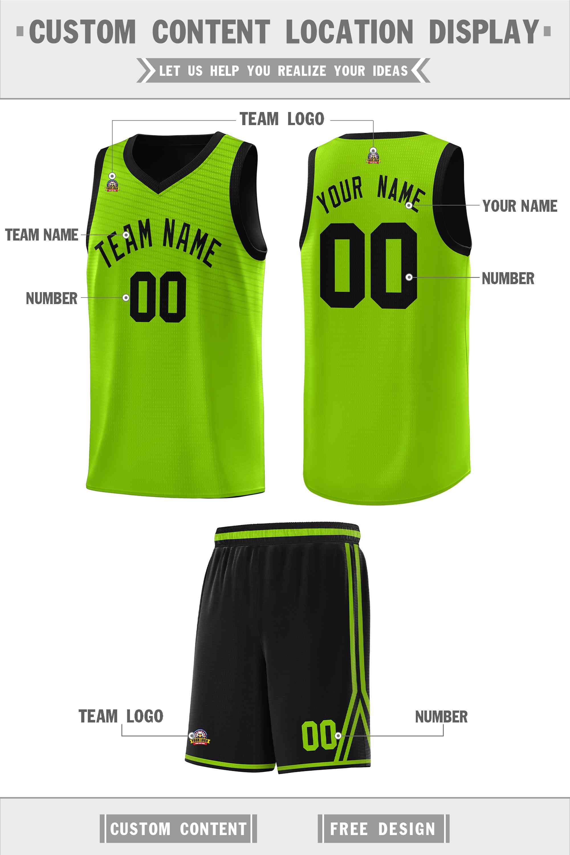 Custom Neon Green Black Chest Slash Patttern Sports Uniform Basketball Jersey