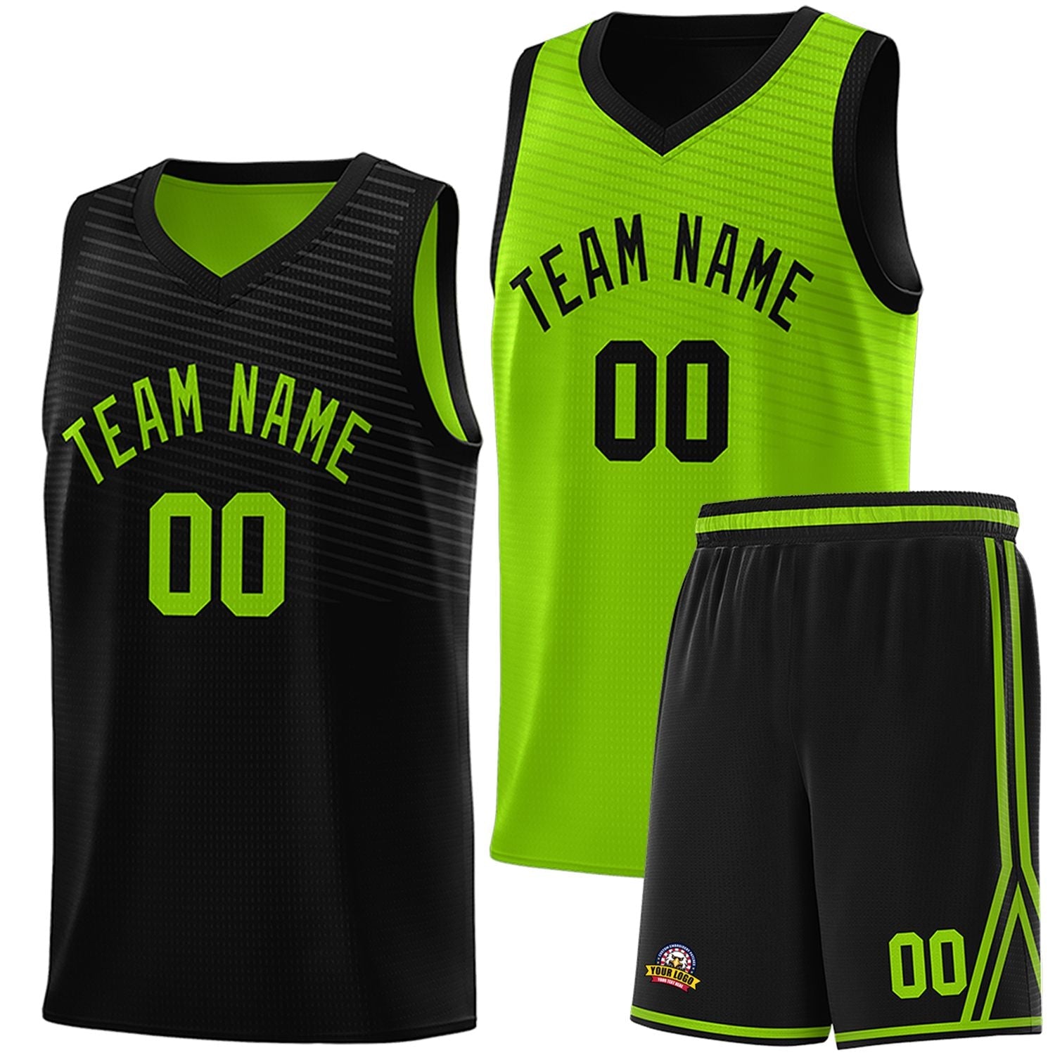 Custom Black Neon Green Chest Slash Patttern Double Side Sports Uniform Basketball Jersey