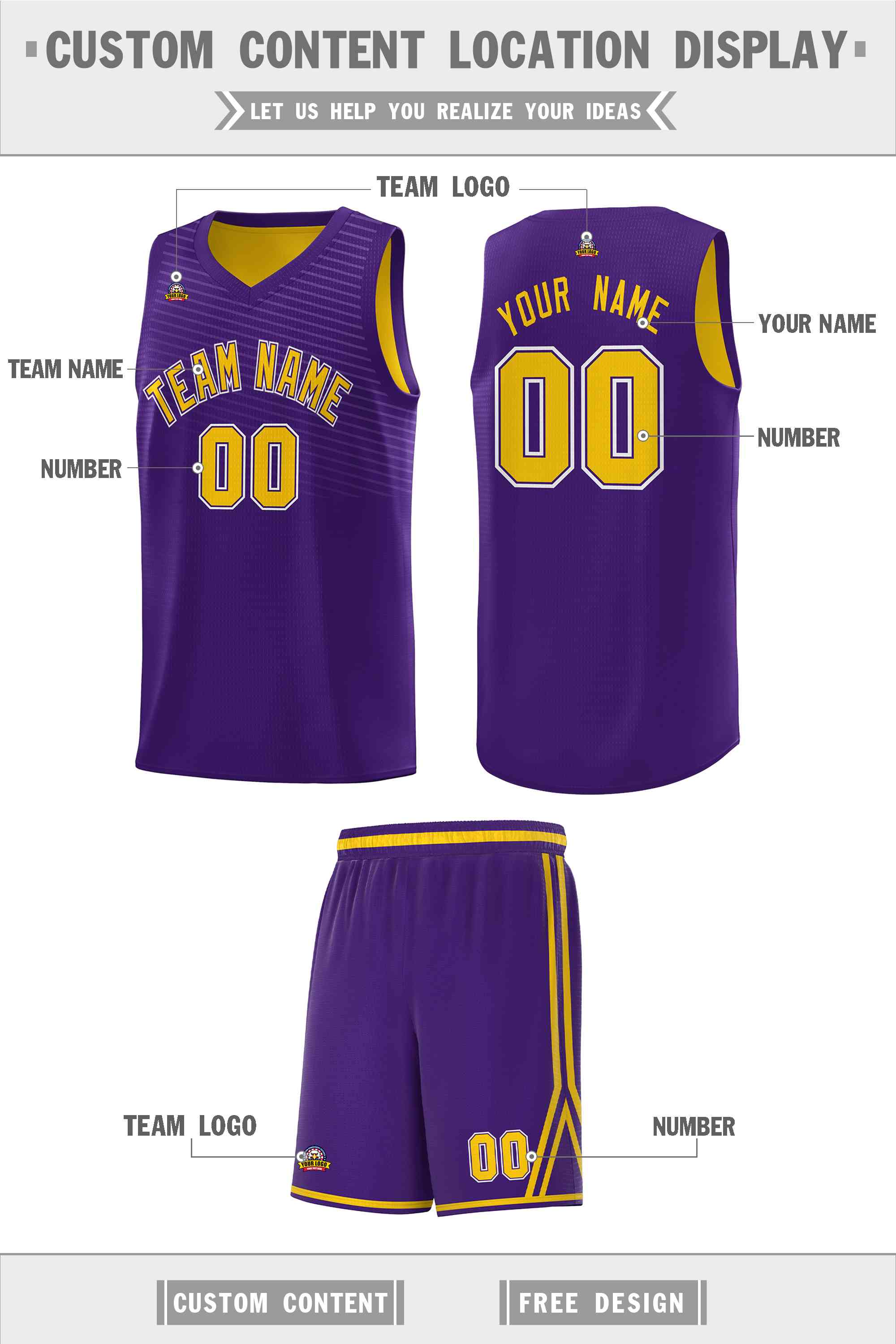 Custom Purple Gold Chest Slash Patttern Sports Uniform Basketball Jersey