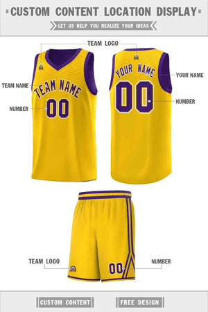 Custom Gold Purple Chest Slash Patttern Sports Uniform Basketball Jersey