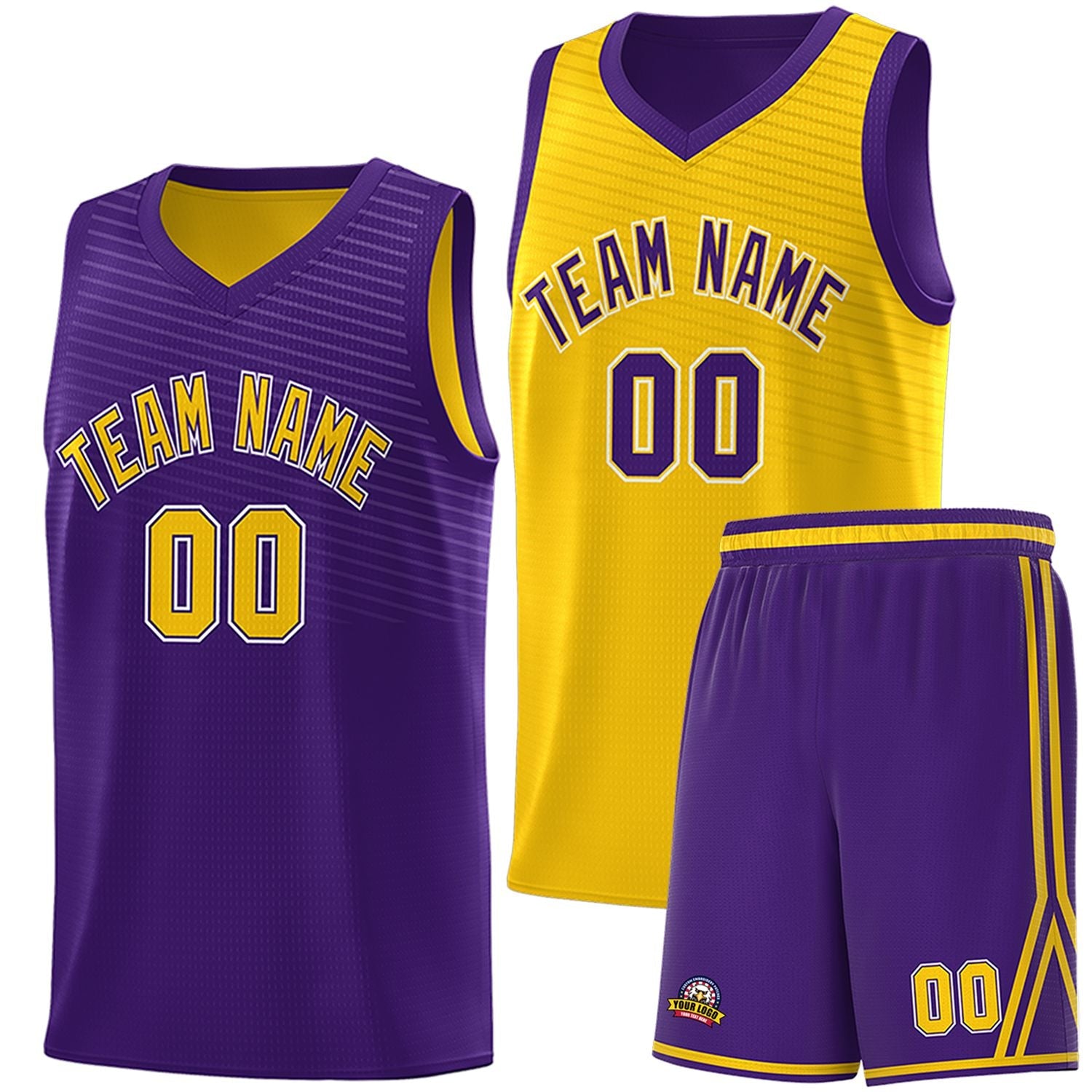 Custom Purple Gold Chest Slash Patttern Double Side Sports Uniform Basketball Jersey