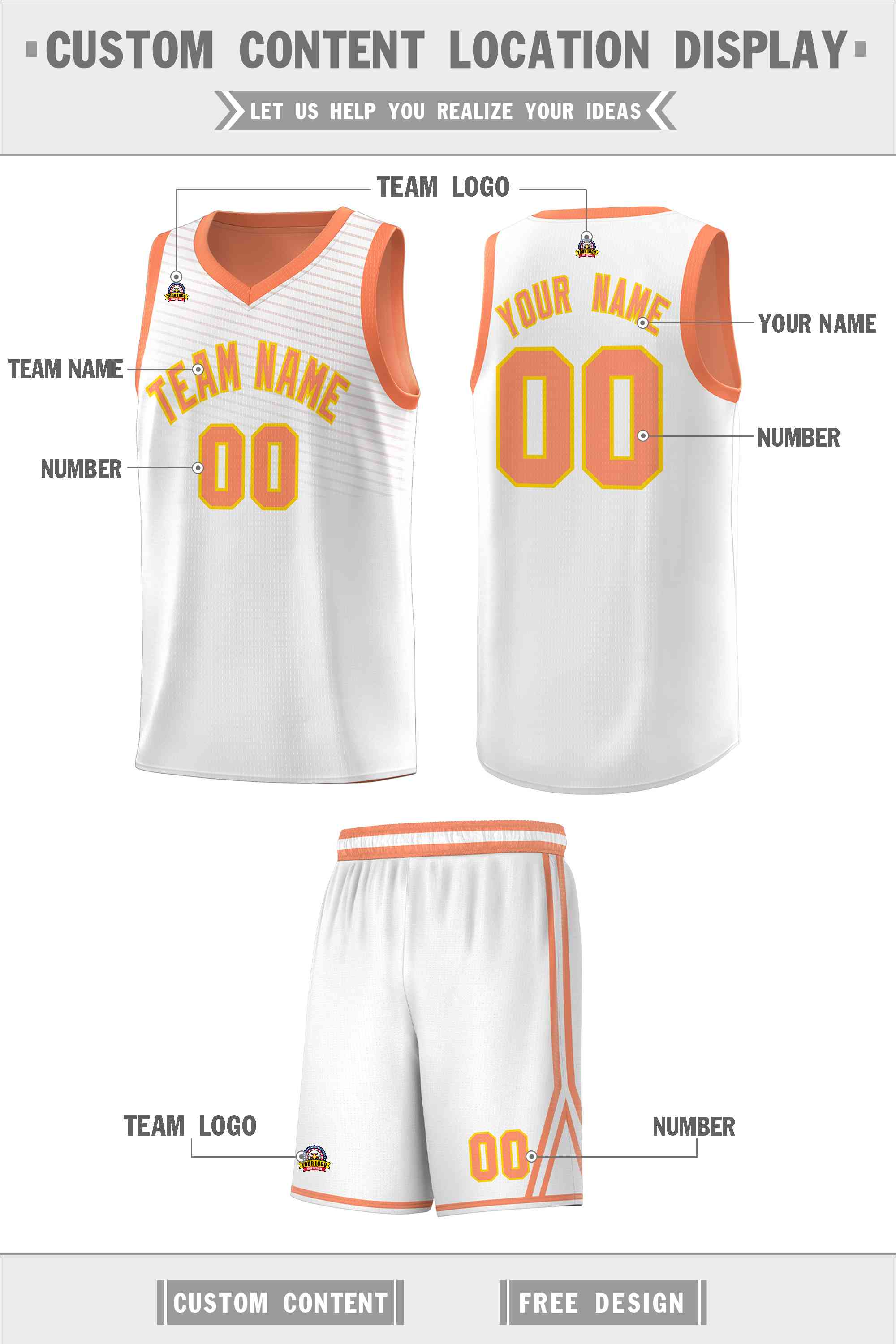 Custom White Light Orange Chest Slash Patttern Sports Uniform Basketball Jersey