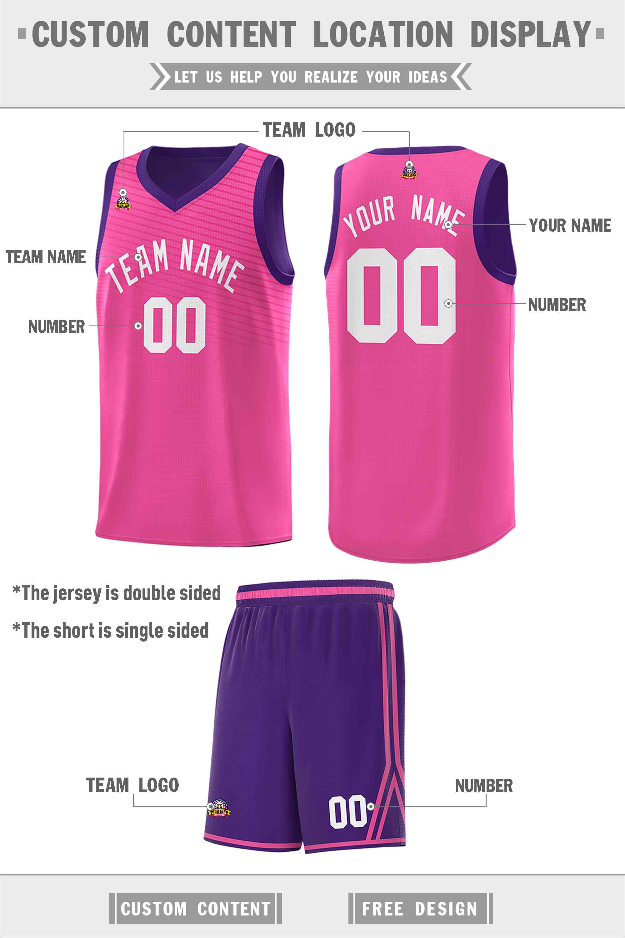 Custom Purple Pink Chest Slash Patttern Double Side Sports Uniform Basketball Jersey