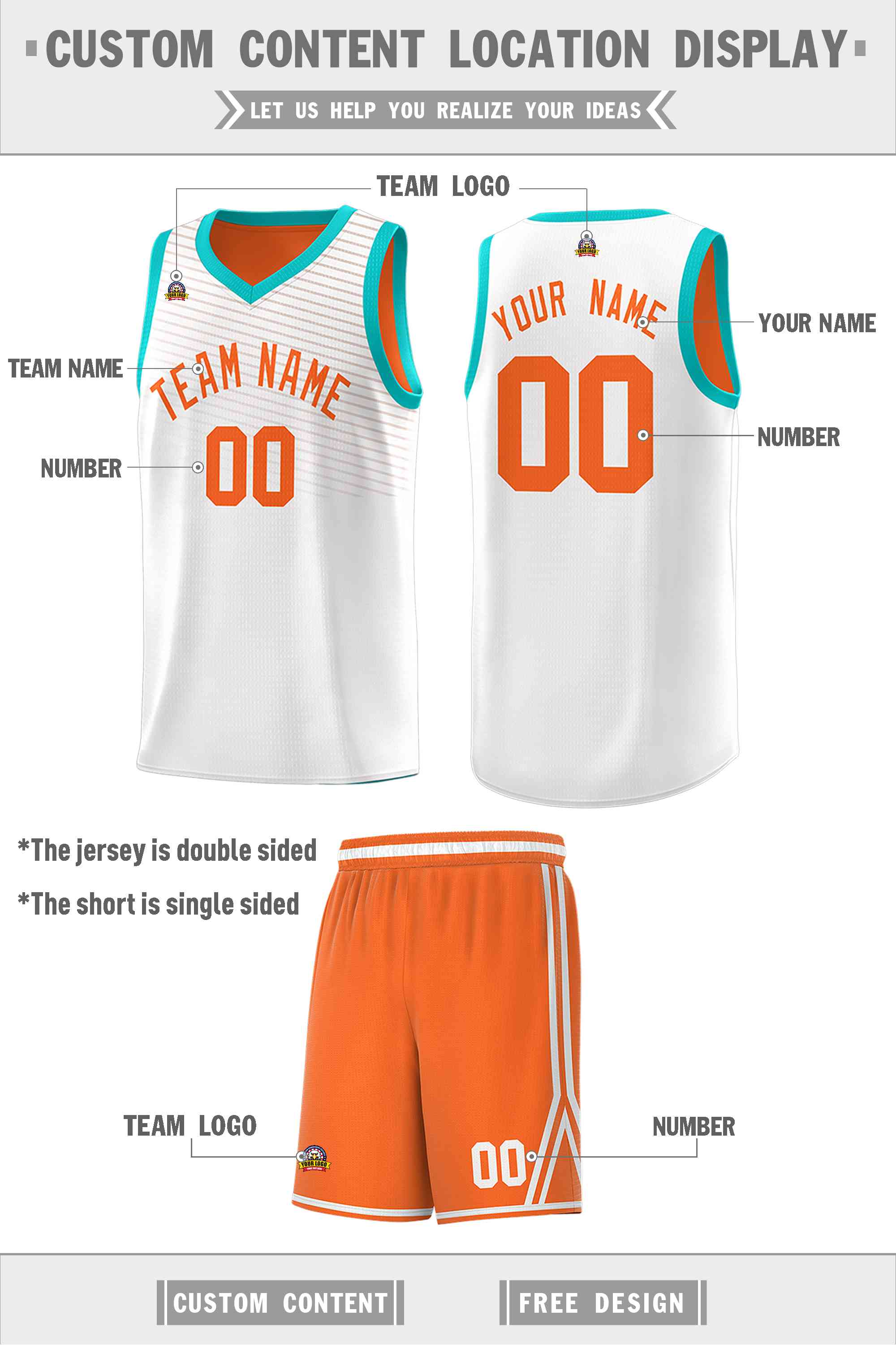 Custom Orange White Chest Slash Patttern Double Side Sports Uniform Basketball Jersey