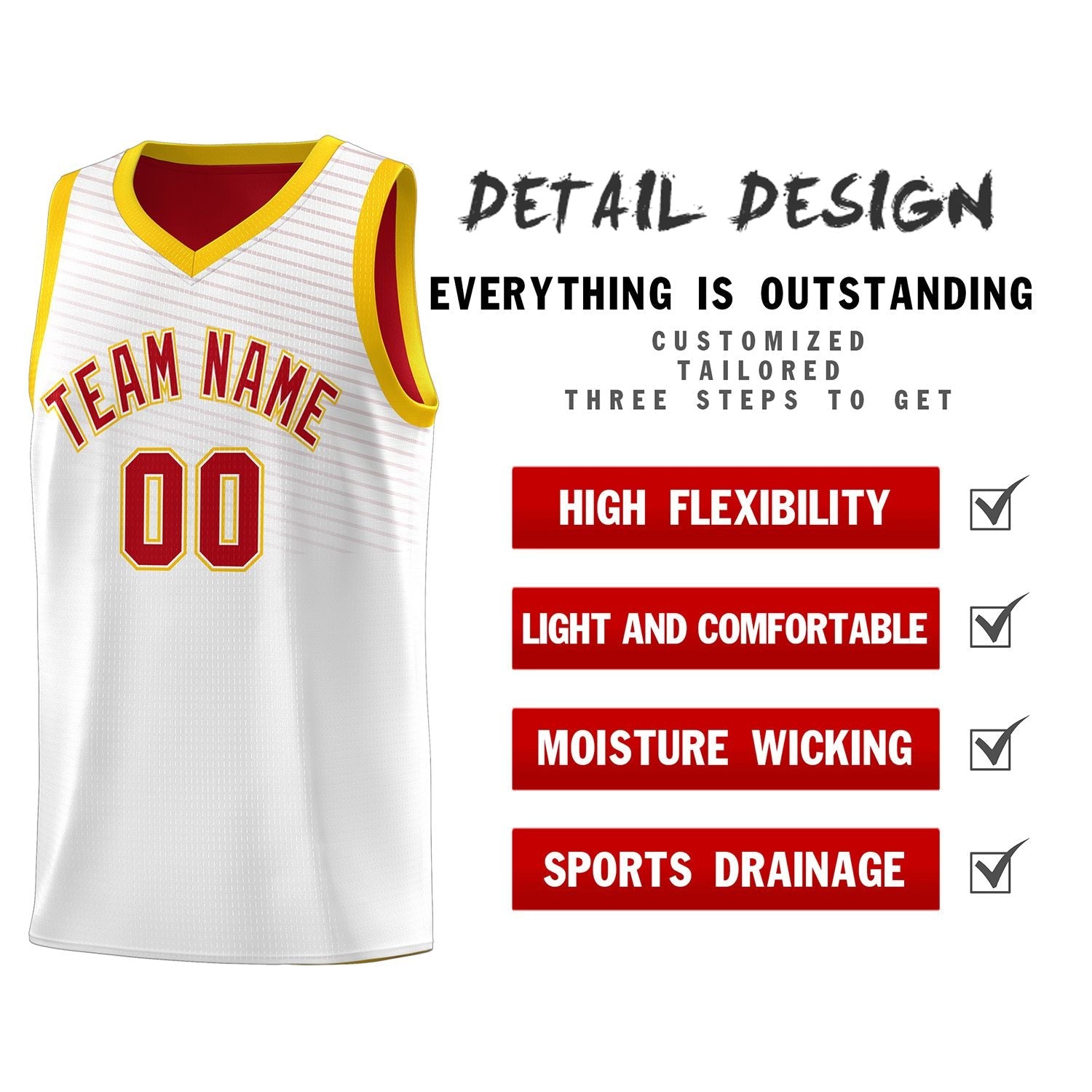 Custom White Red Chest Slash Patttern Sports Uniform Basketball Jersey