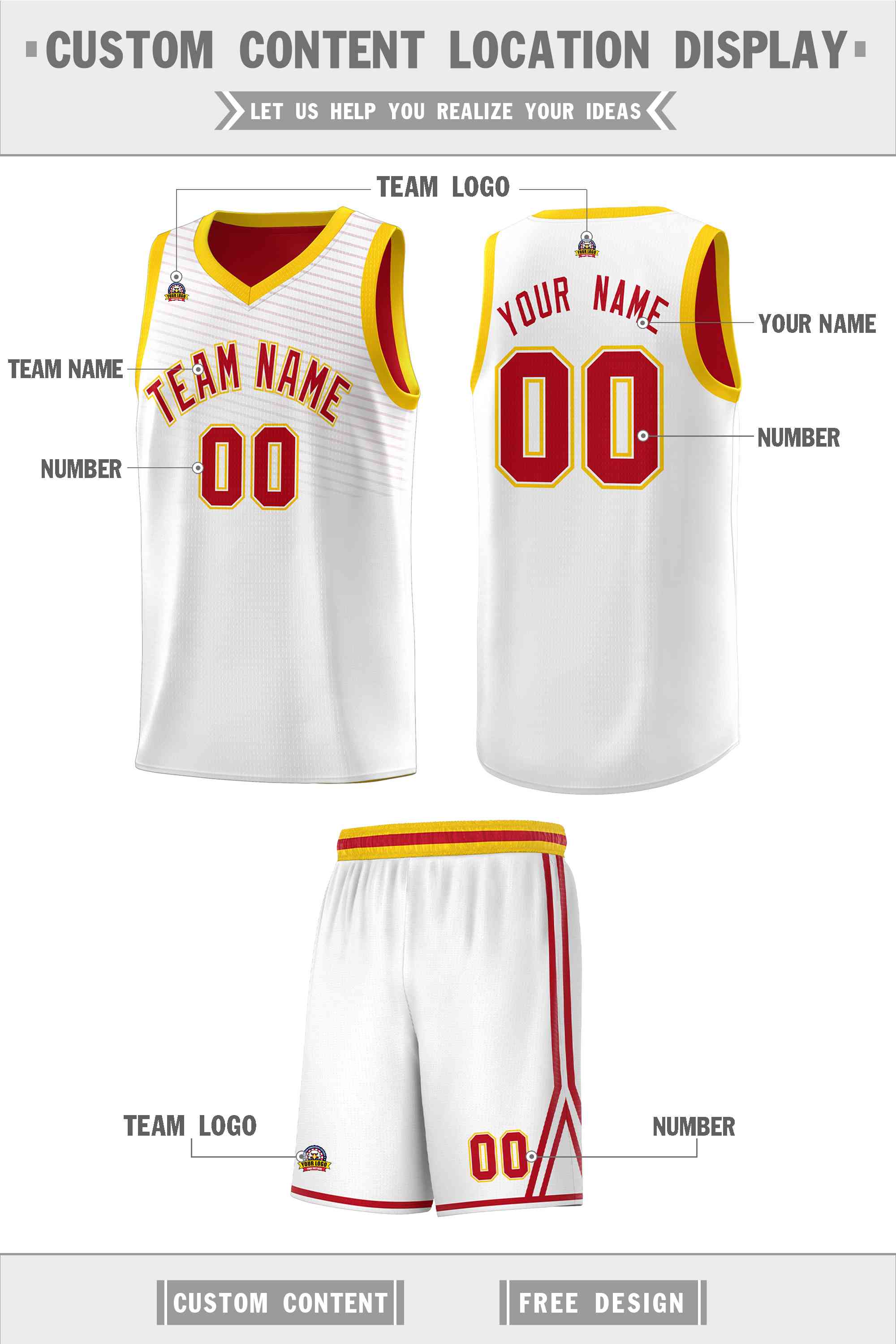 Custom White Red Chest Slash Patttern Sports Uniform Basketball Jersey