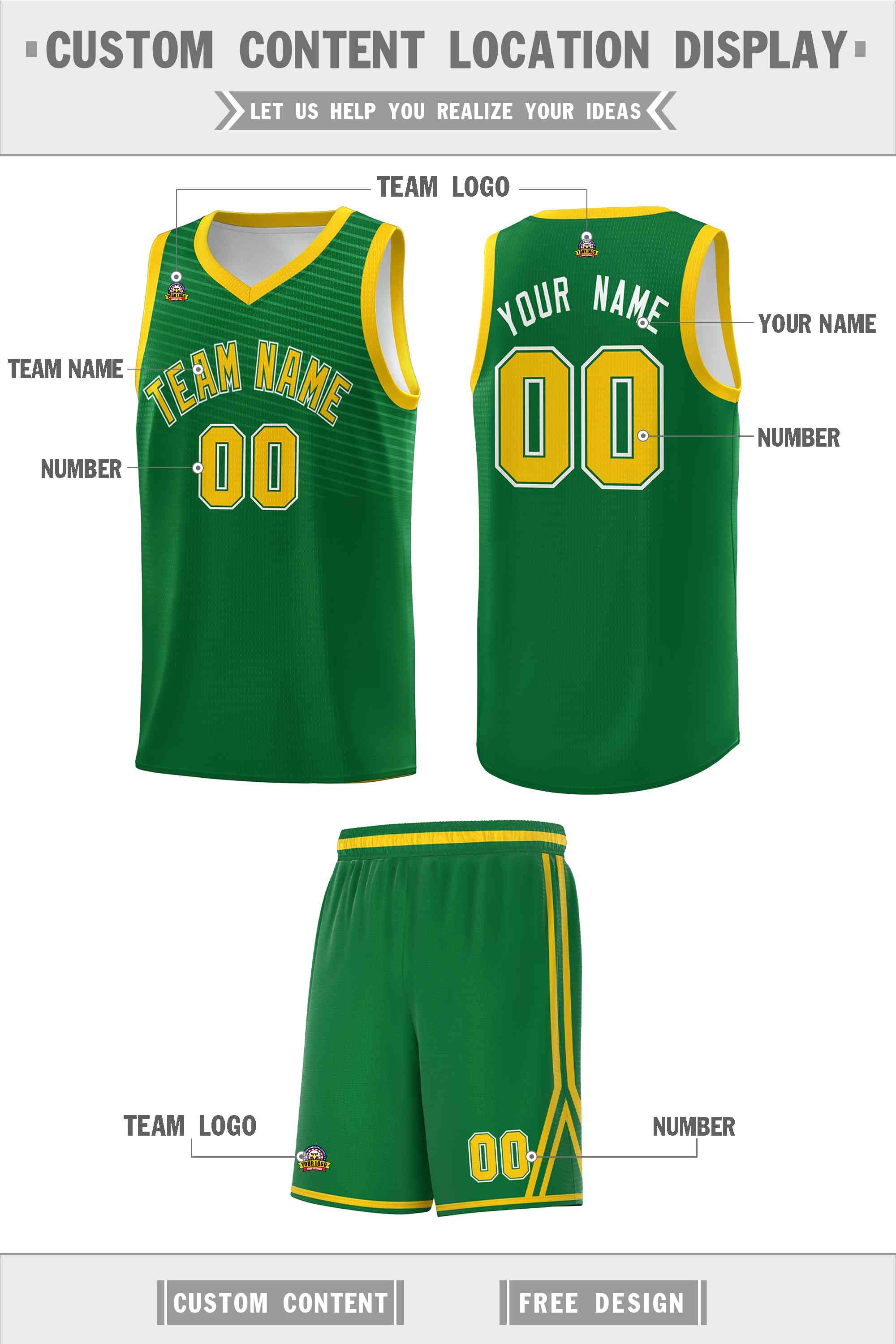 Custom Kelly Green Gold Chest Slash Patttern Sports Uniform Basketball Jersey