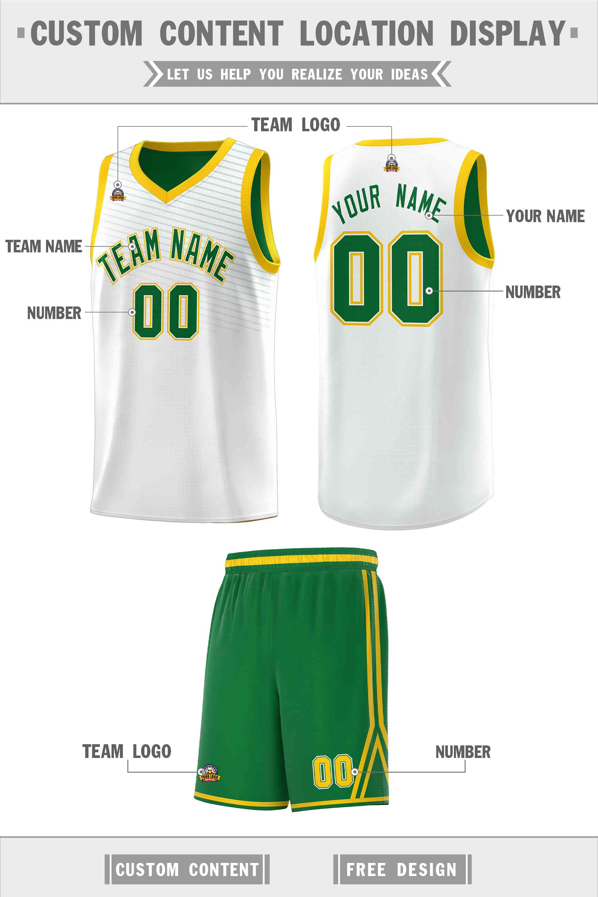 Custom White Kelly Green Chest Slash Patttern Sports Uniform Basketball Jersey