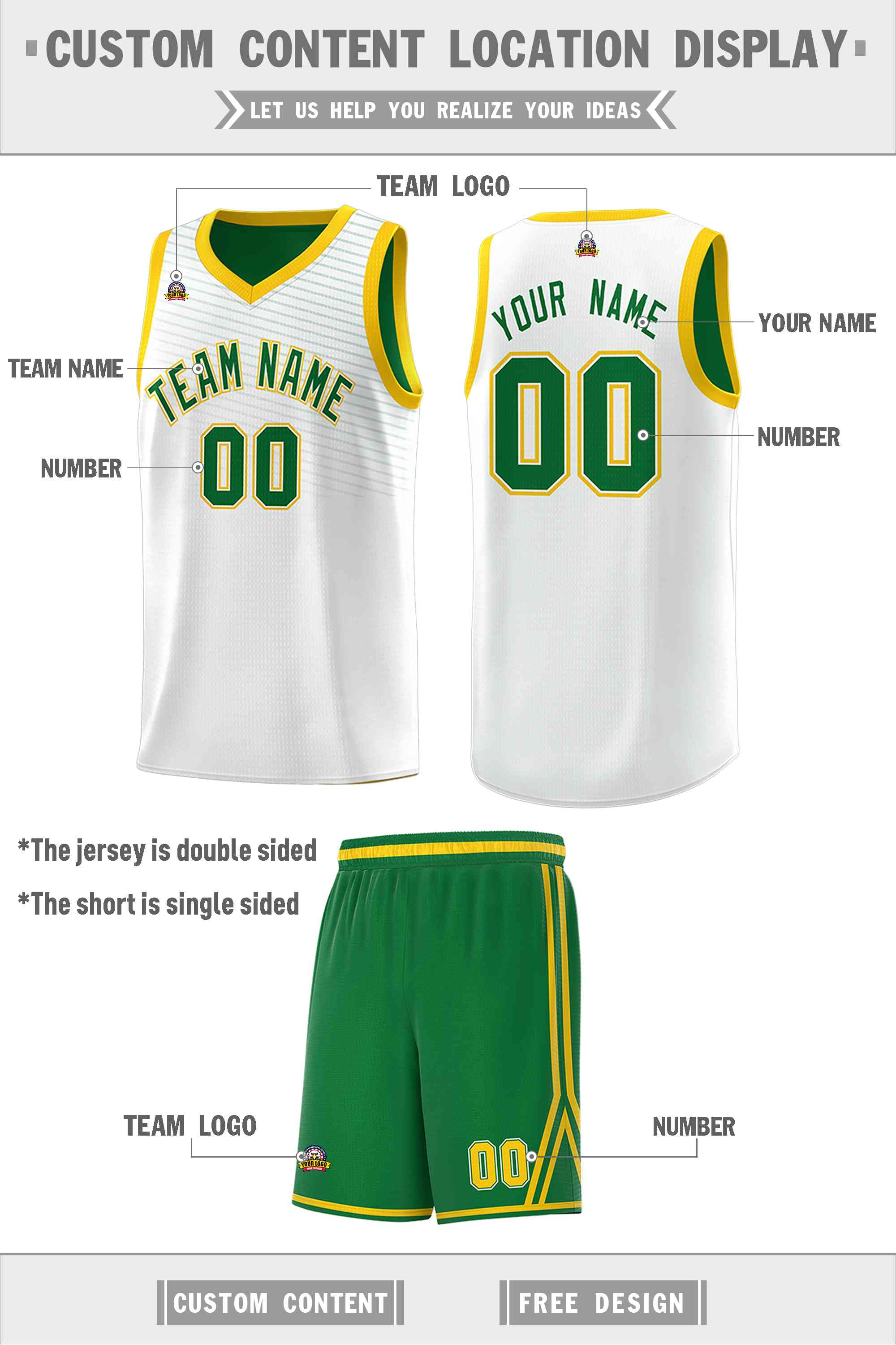 Custom Kelly Green White Chest Slash Patttern Double Side Sports Uniform Basketball Jersey