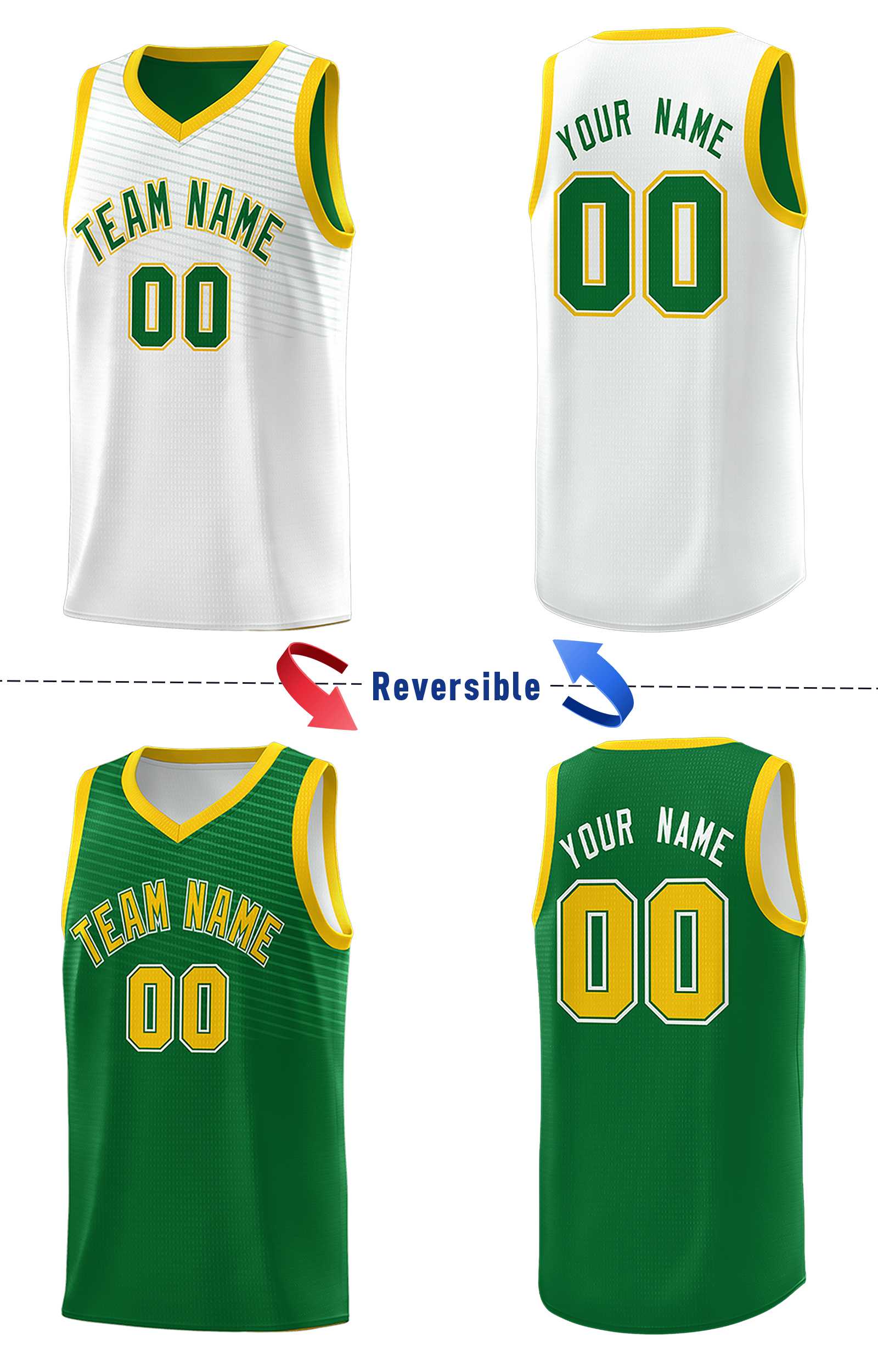 Custom Kelly Green White Chest Slash Patttern Double Side Sports Uniform Basketball Jersey