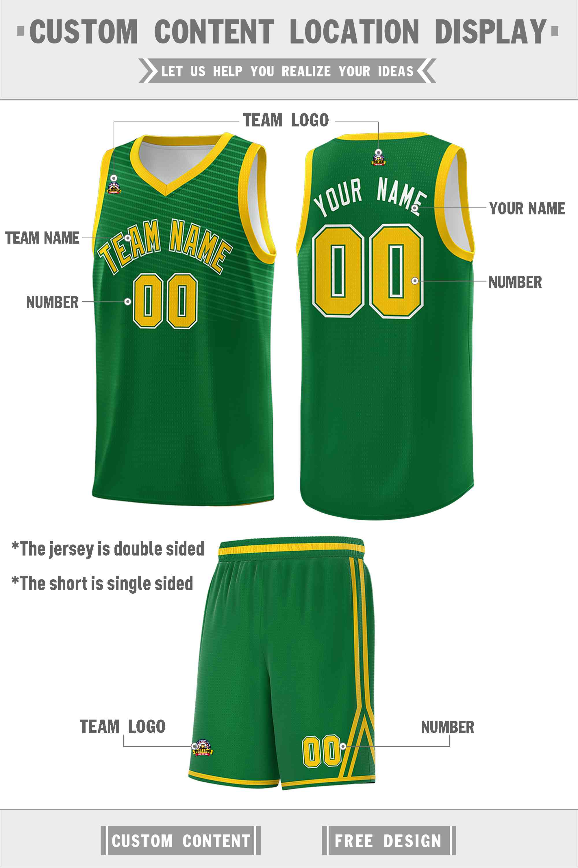 Custom Kelly Green White Chest Slash Patttern Double Side Sports Uniform Basketball Jersey