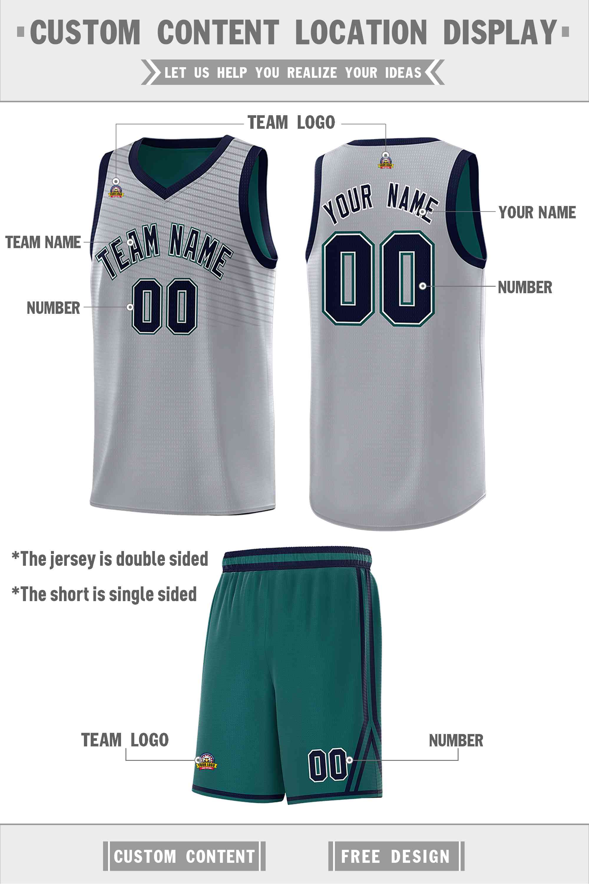 Custom Midnight Green Gray Chest Slash Patttern Double Side Sports Uniform Basketball Jersey