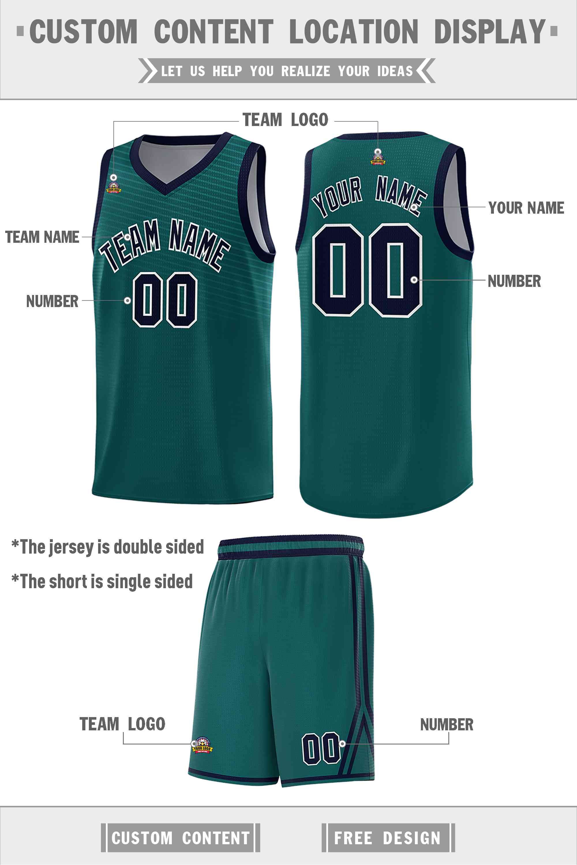 Custom Midnight Green Gray Chest Slash Patttern Double Side Sports Uniform Basketball Jersey