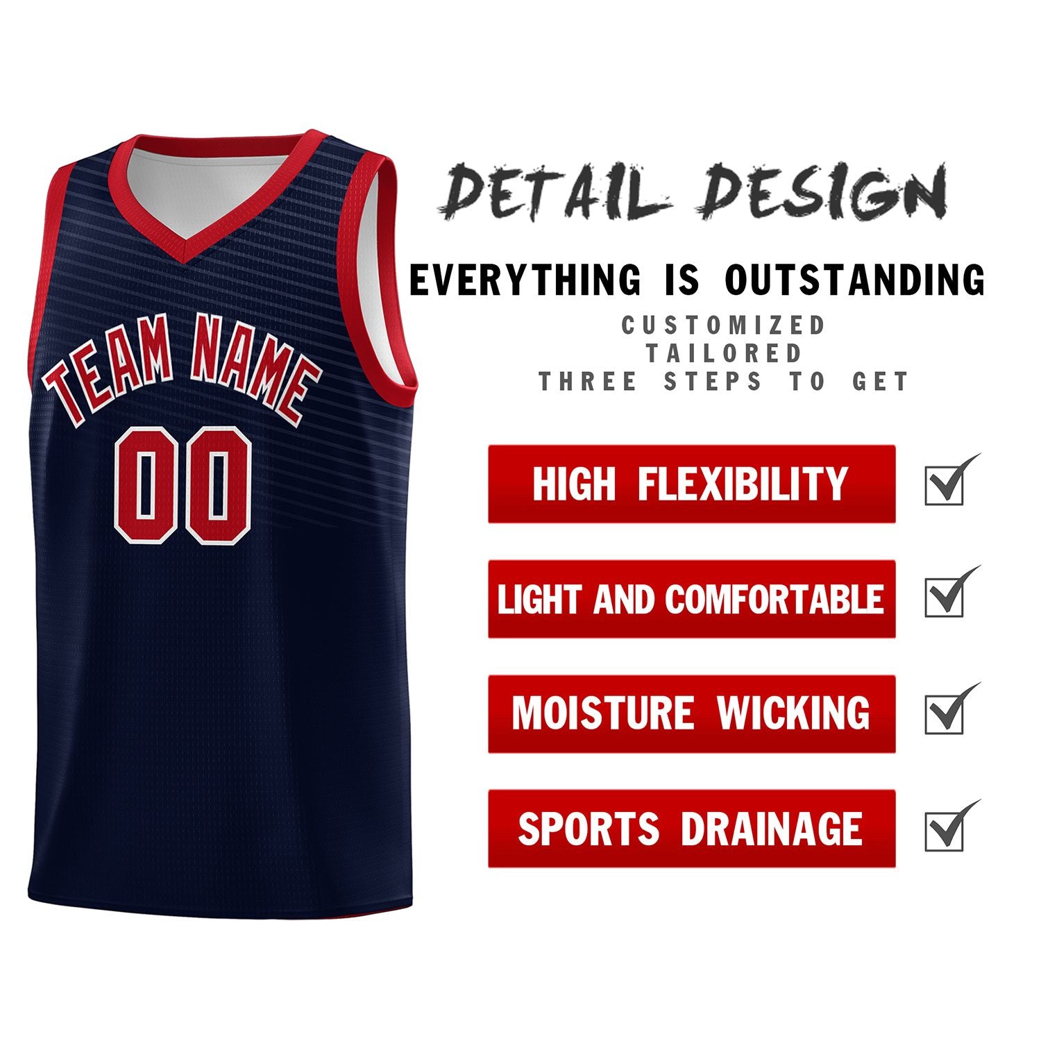 Custom Navy Red Chest Slash Patttern Sports Uniform Basketball Jersey