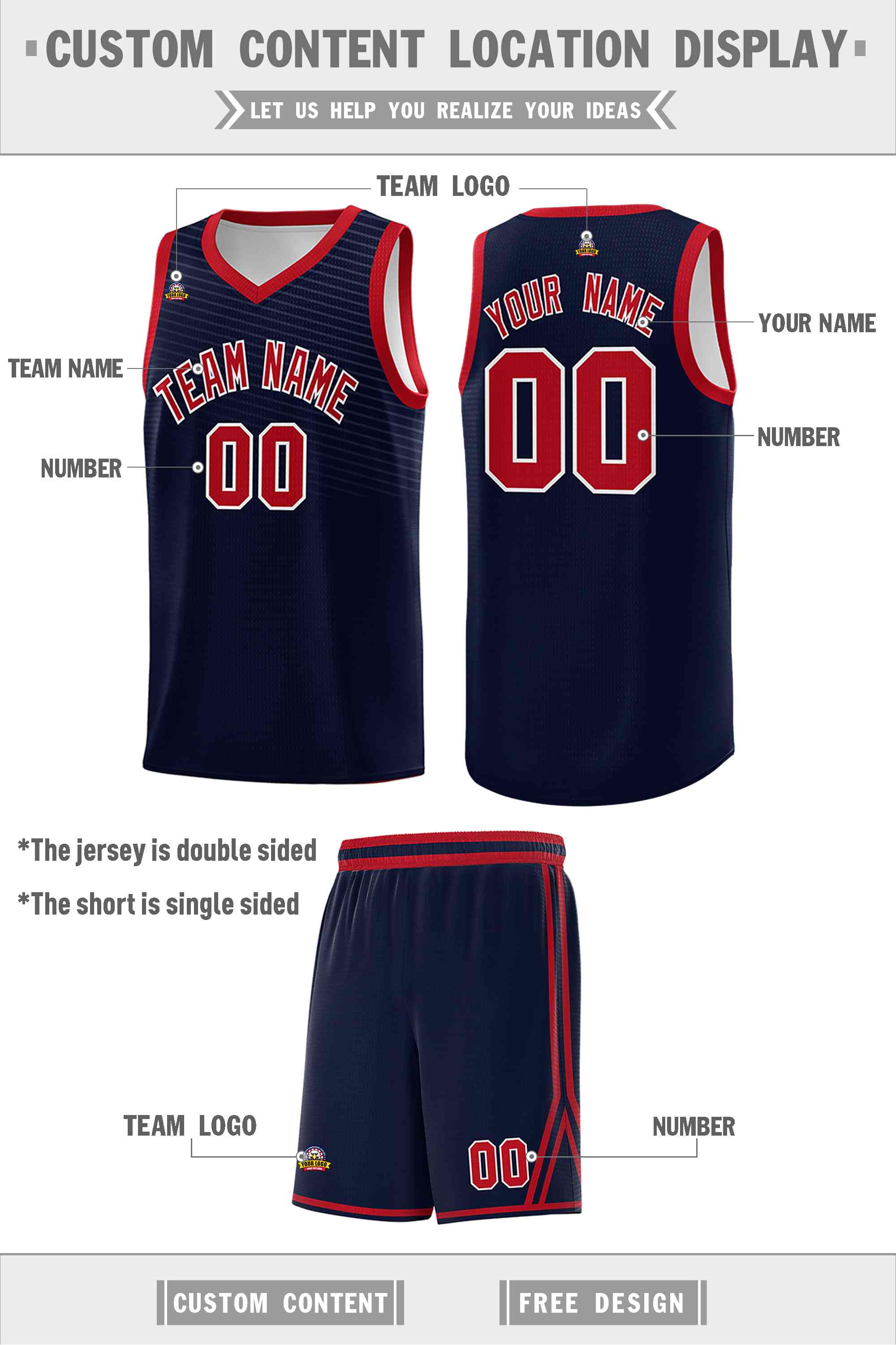 Custom Navy White Chest Slash Patttern Double Side Sports Uniform Basketball Jersey