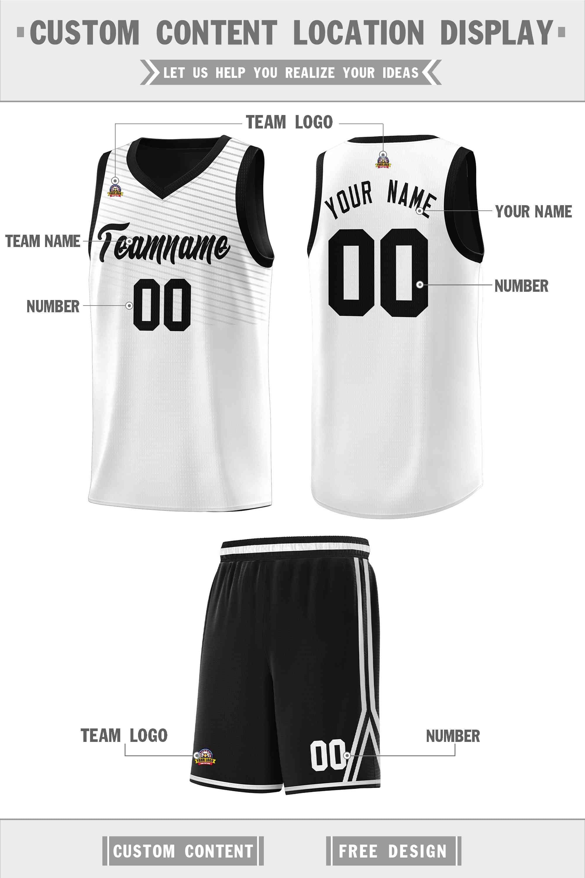 Custom White Black Chest Slash Patttern Sports Uniform Basketball Jersey