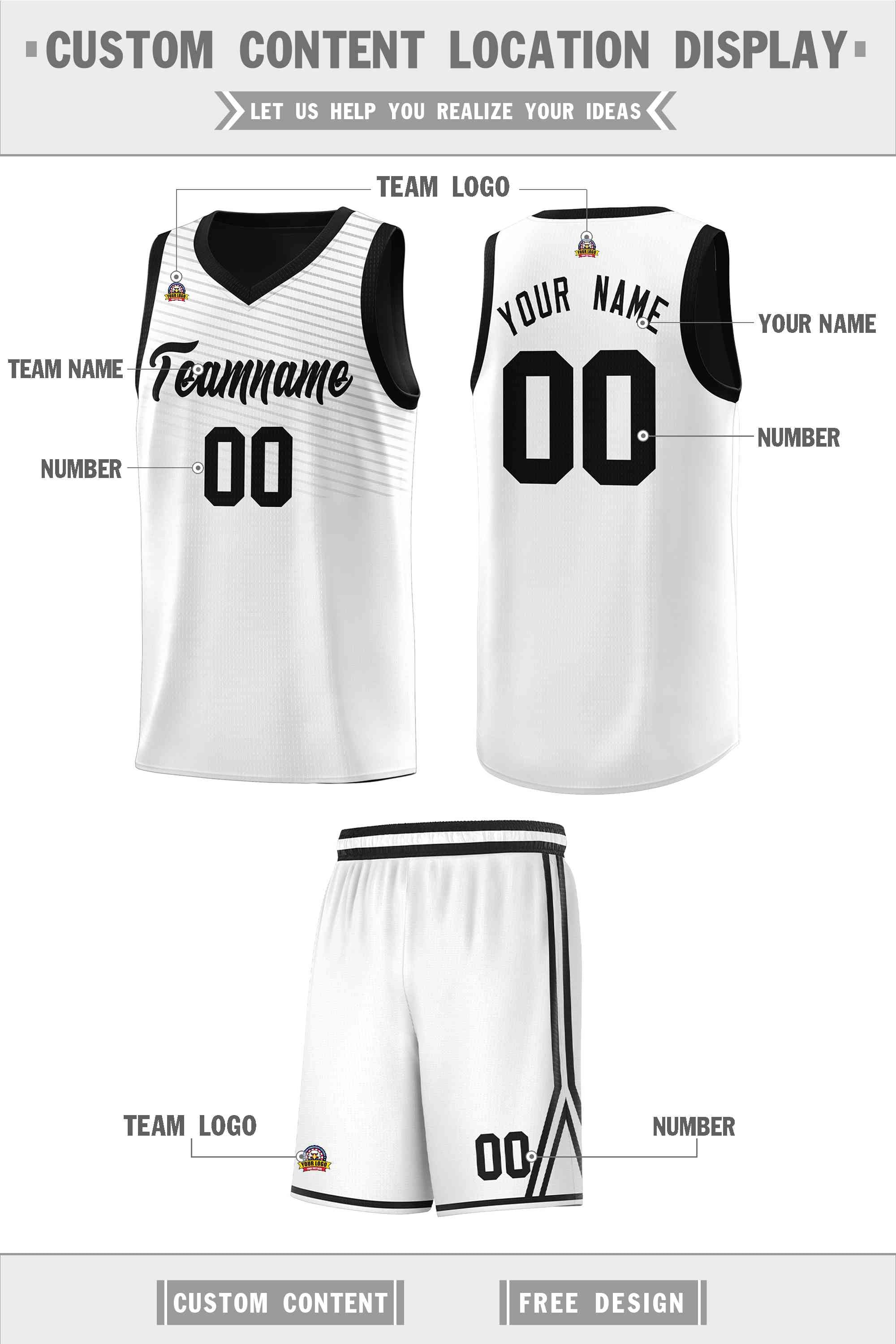 Custom White Black Chest Slash Patttern Sports Uniform Basketball Jersey