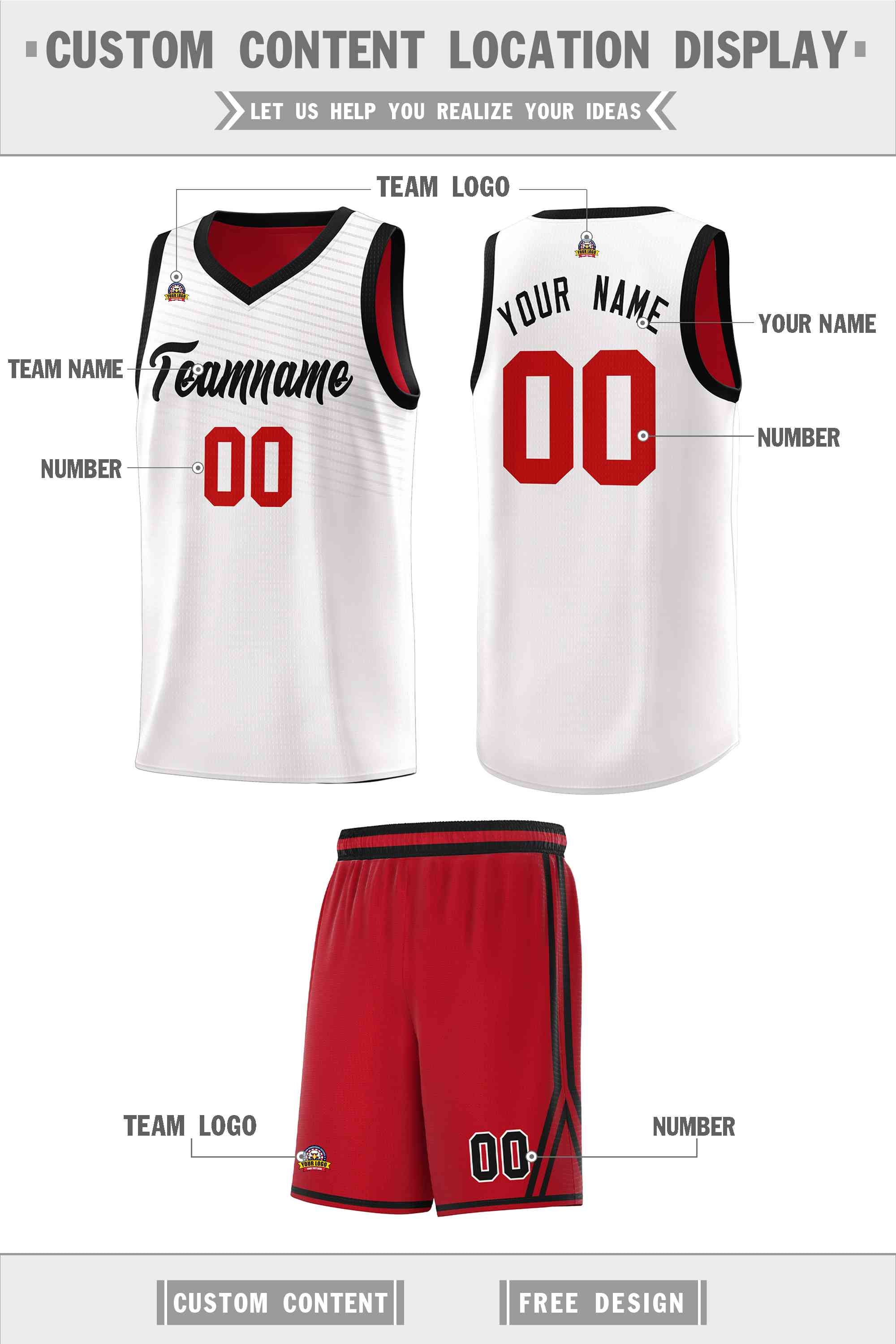 Custom White Red Chest Slash Patttern Sports Uniform Basketball Jersey