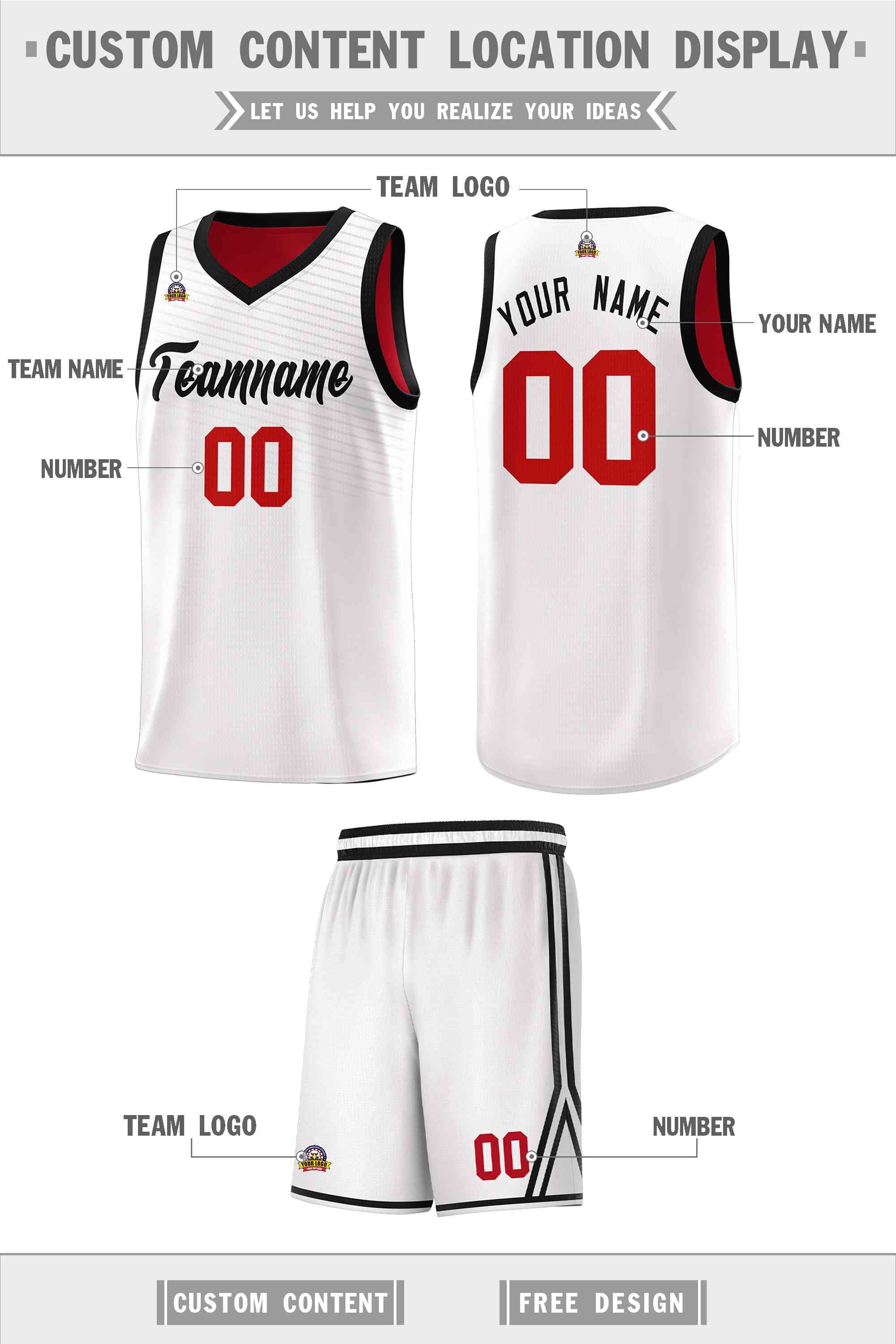 Custom White Red Chest Slash Patttern Sports Uniform Basketball Jersey