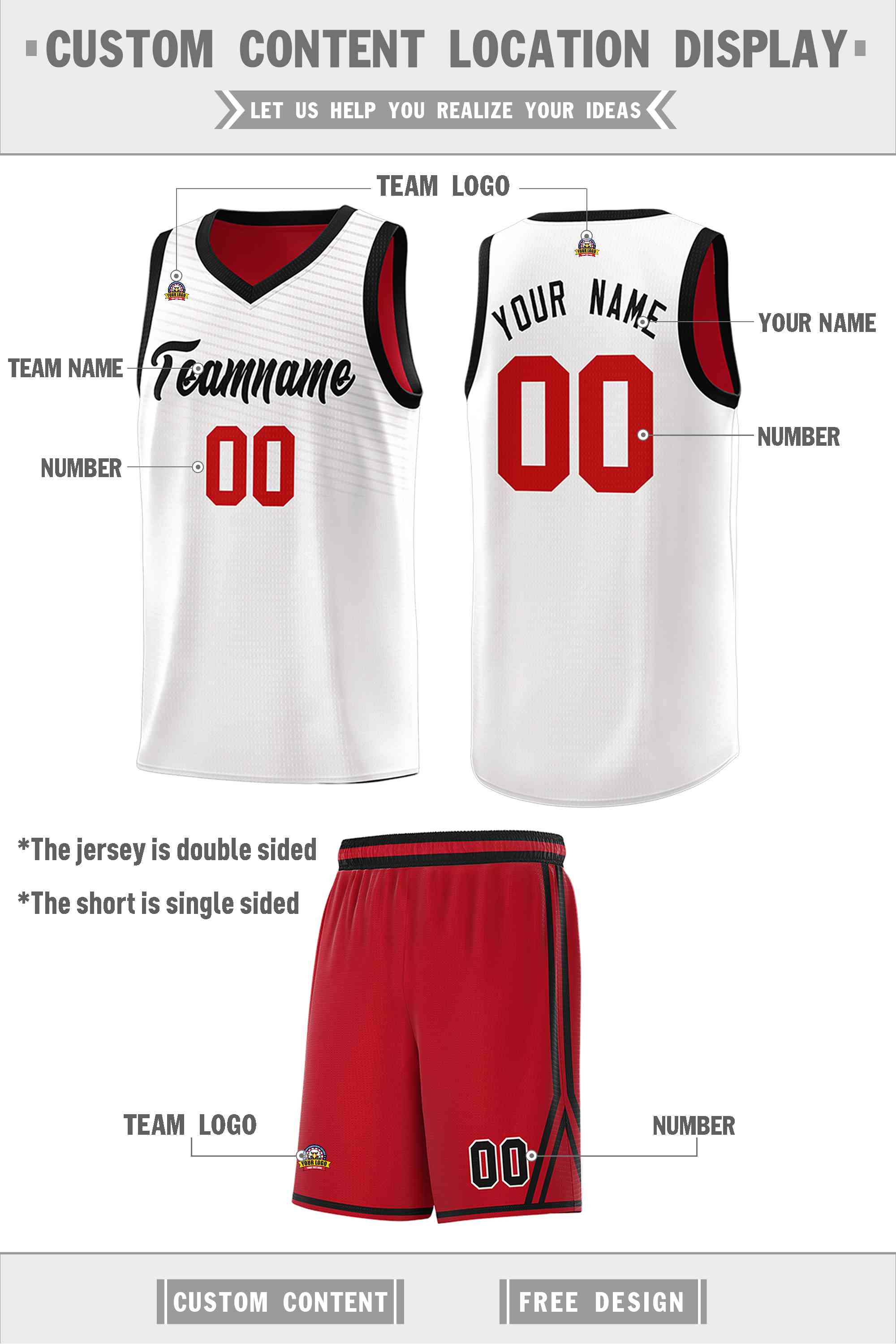 Custom Red White Chest Slash Patttern Double Side Sports Uniform Basketball Jersey