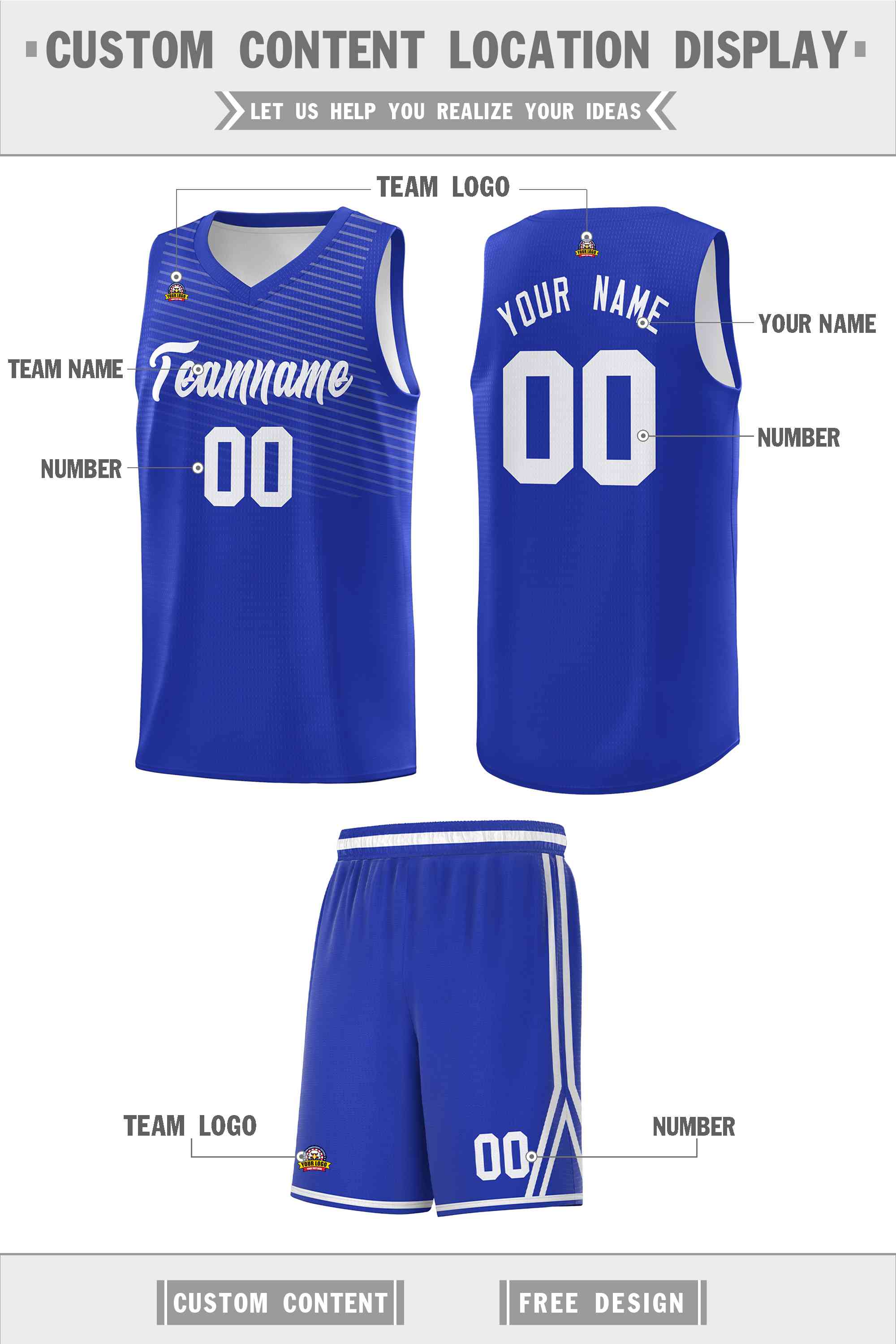 Custom Royal White Chest Slash Patttern Sports Uniform Basketball Jersey