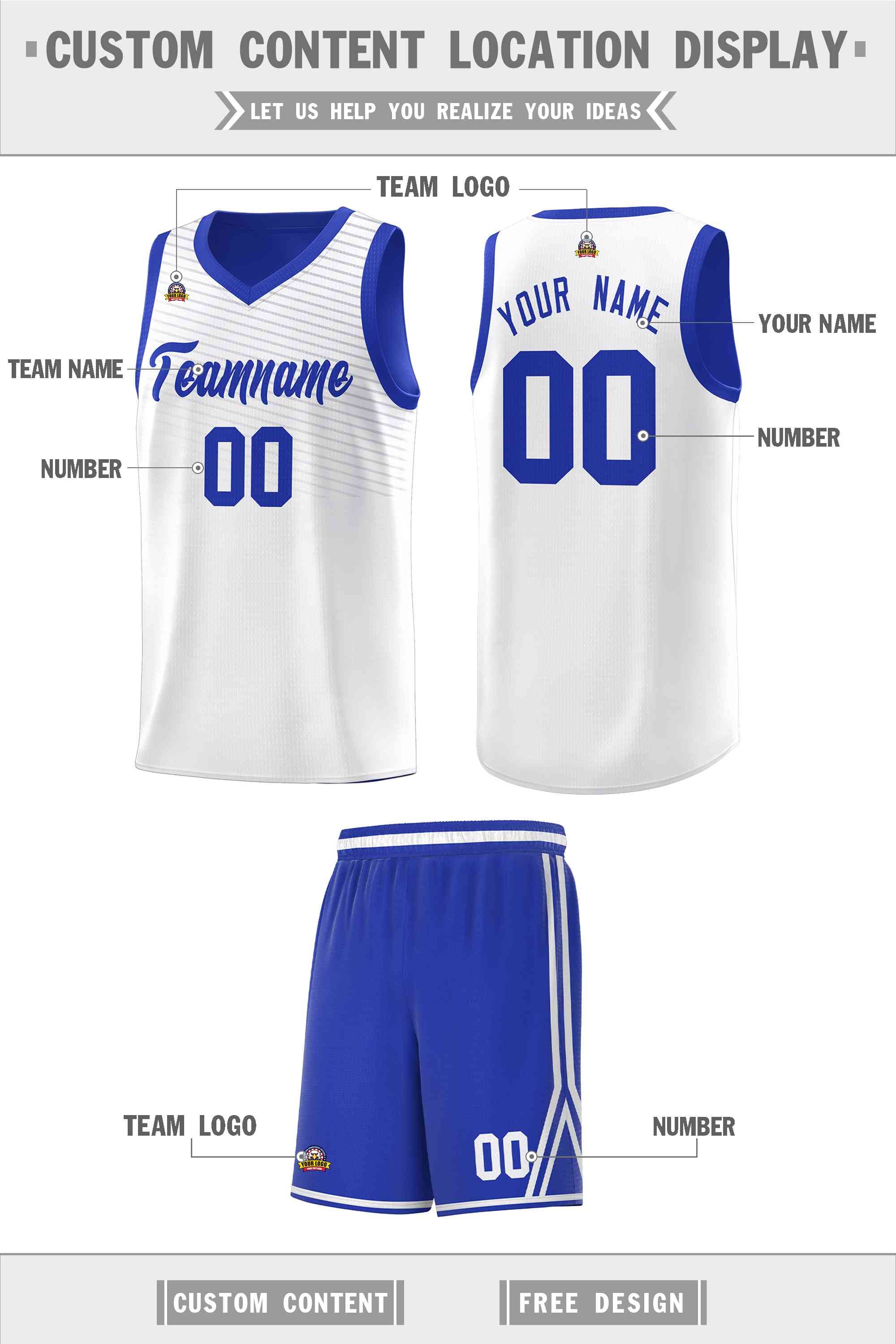 Custom White Royal Chest Slash Patttern Sports Uniform Basketball Jersey