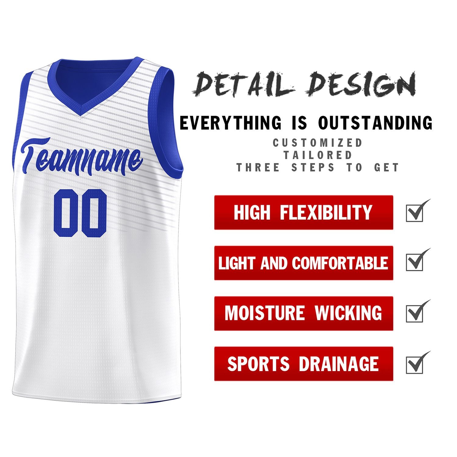 Custom White Royal Chest Slash Patttern Sports Uniform Basketball Jersey